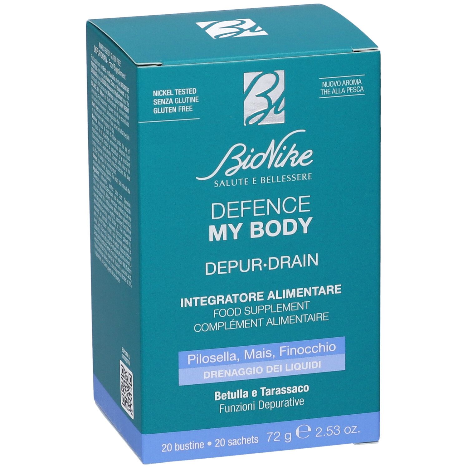 Scatola turchese. Bionike Defence My Body Depur-Drain. 20 bustine. Senza glutine, testato al nichel. Testo in italiano e francese.
