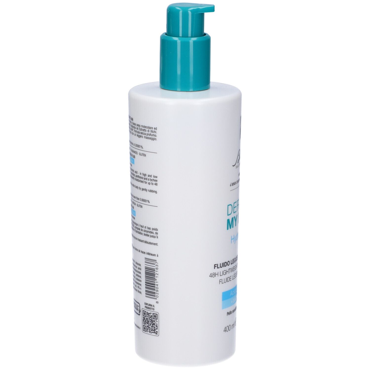 Flacone bianco con erogatore blu. Retro con testo. Marchio: BioNike. Scritta: Fluido Leggero Idratante 48H, 400 ml.