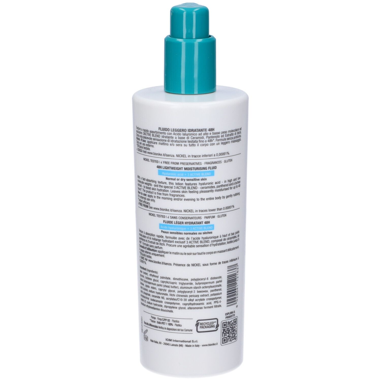 Flacone bianco con erogatore blu. Retro con testo. Marchio: BioNike. Scritta: Fluido Leggero Idratante 48H, 400 ml.