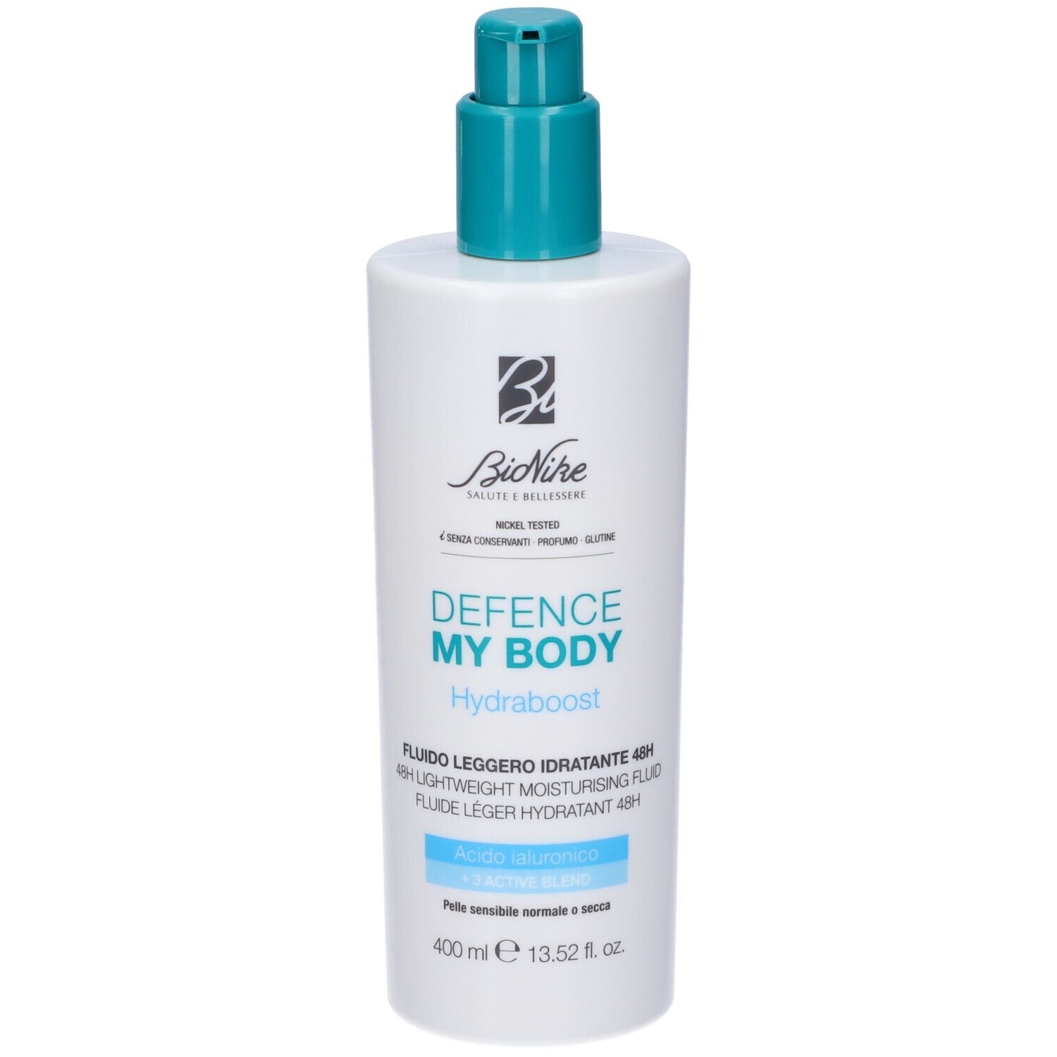 Flacone bianco con erogatore blu. Scritta: Defence My Body, Hydraboost, Fluido Leggero Idratante 48H. Marchio: BioNike.