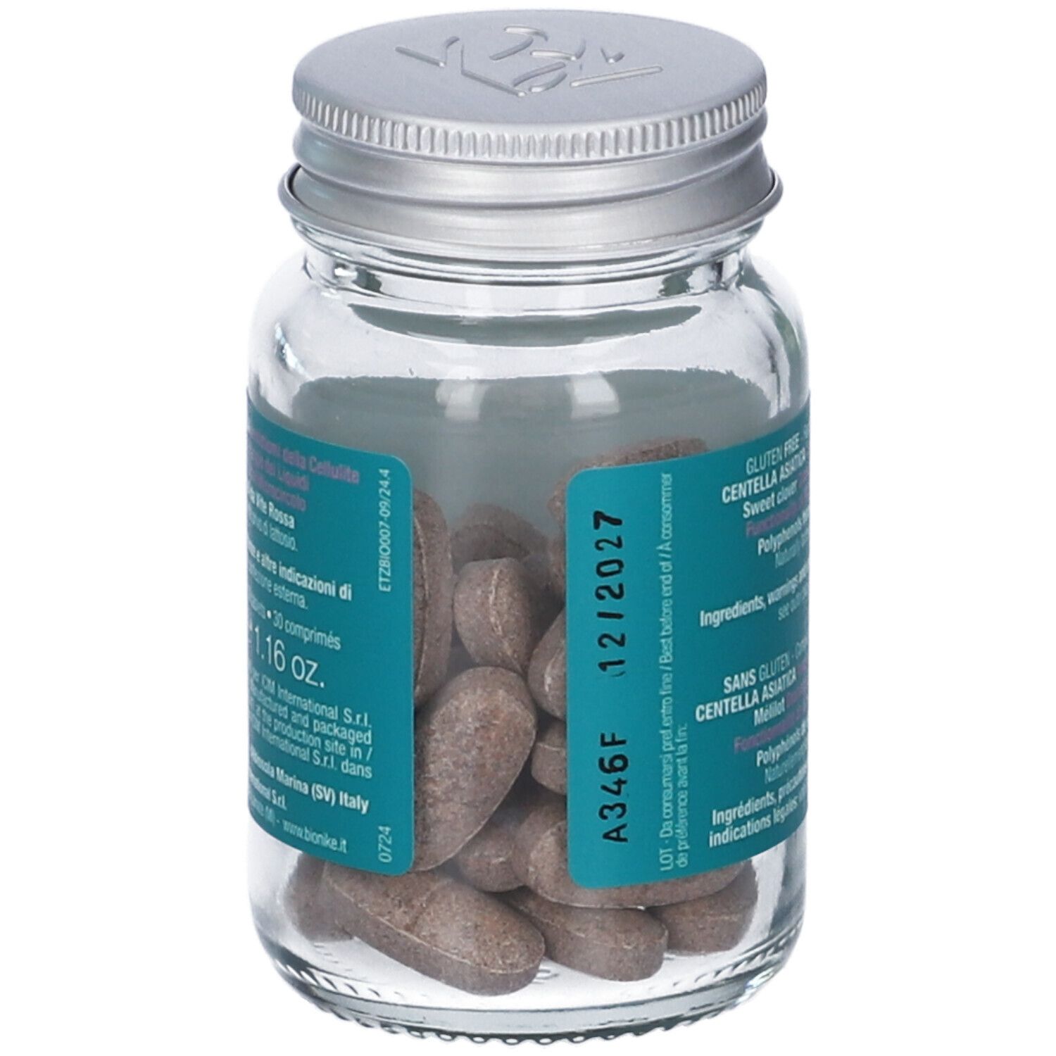 Flacone di compresse. Scritte: Senza glutine, Centella Asiatica, 30 compresse, 1.16 oz. Scadenza 12/2027.