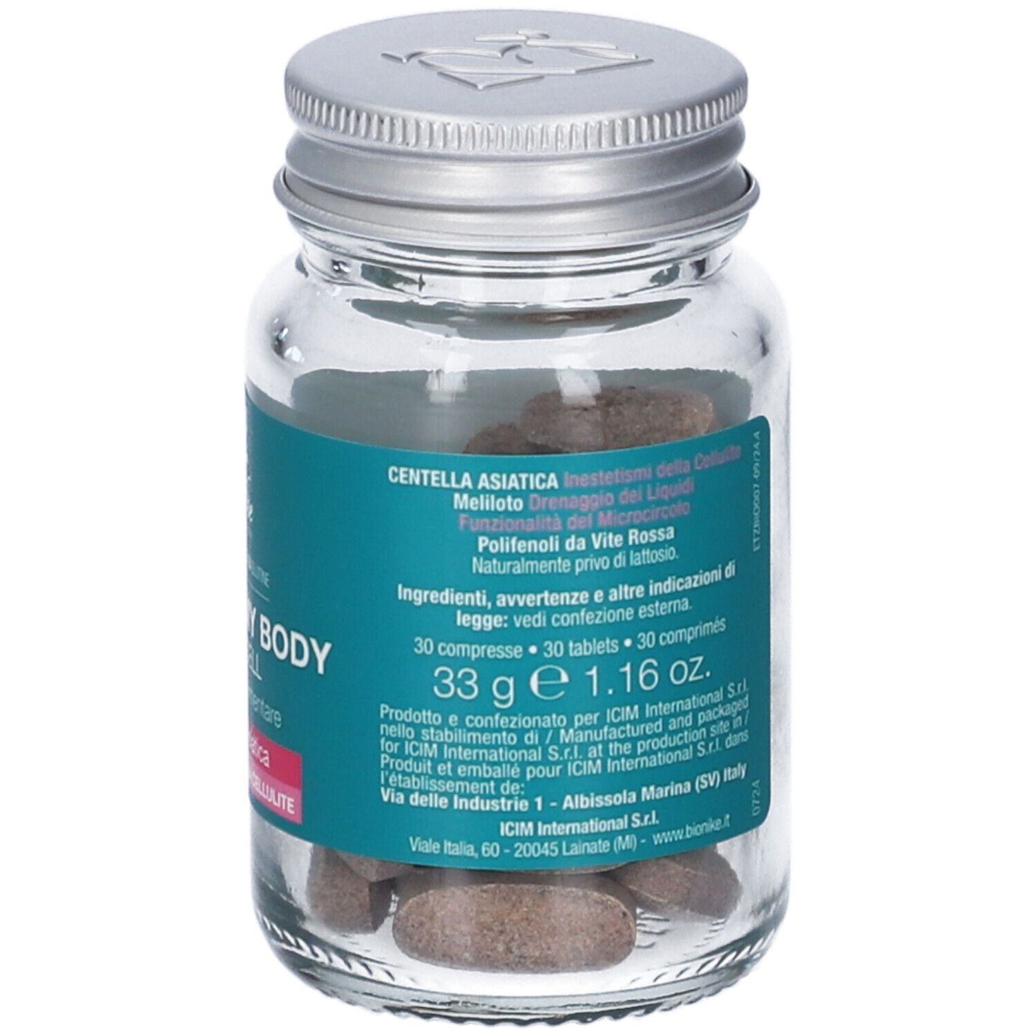 Flacone di compresse. Scritte: Bionike Defence My Body ReduxCELL, 30 compresse, 33 g, 1.16 oz. Contiene Centella Asiatica.