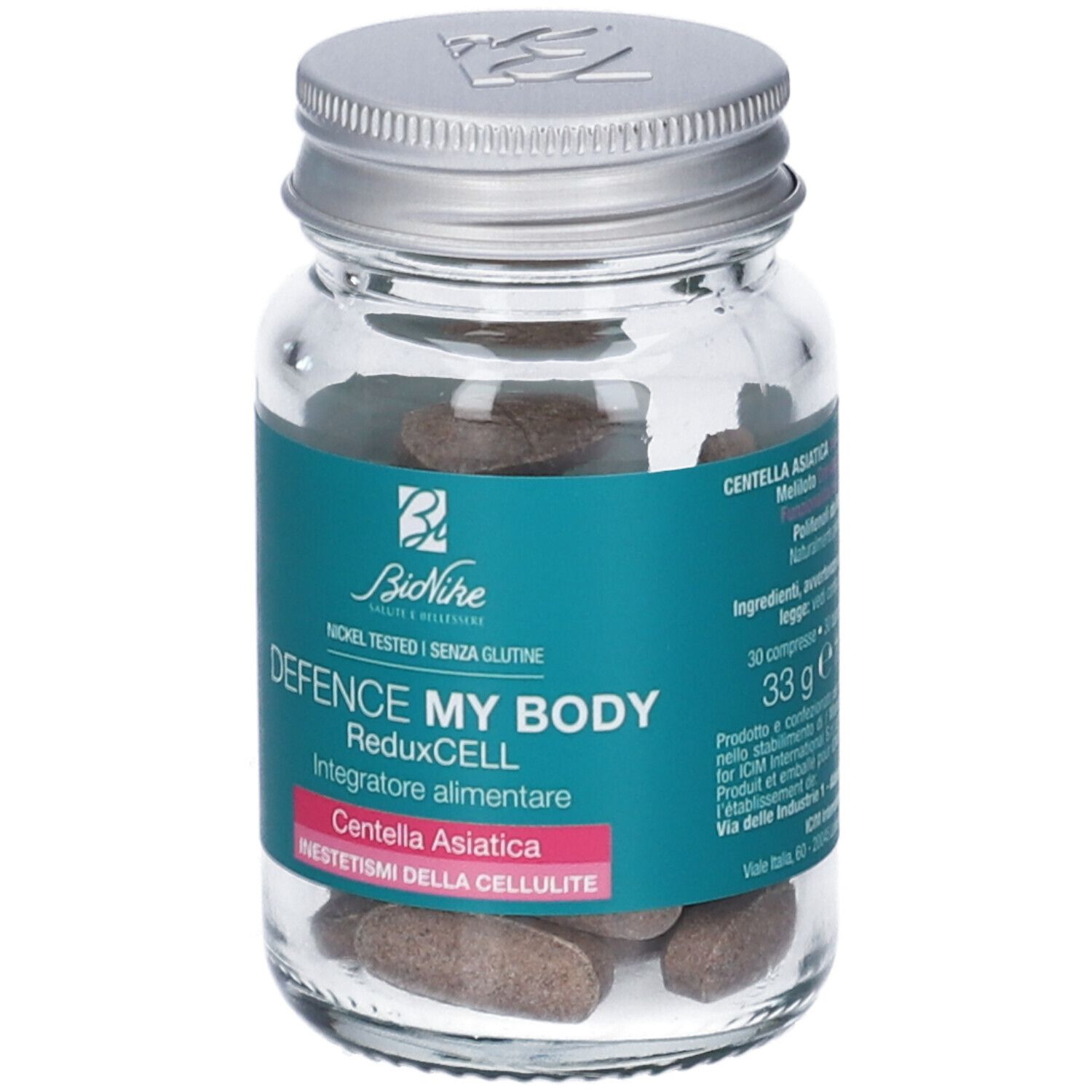 Flacone di compresse. Scritte: Bionike Defence My Body ReduxCELL, 30 compresse. Contiene Centella Asiatica. Nickel tested, senza glutine.