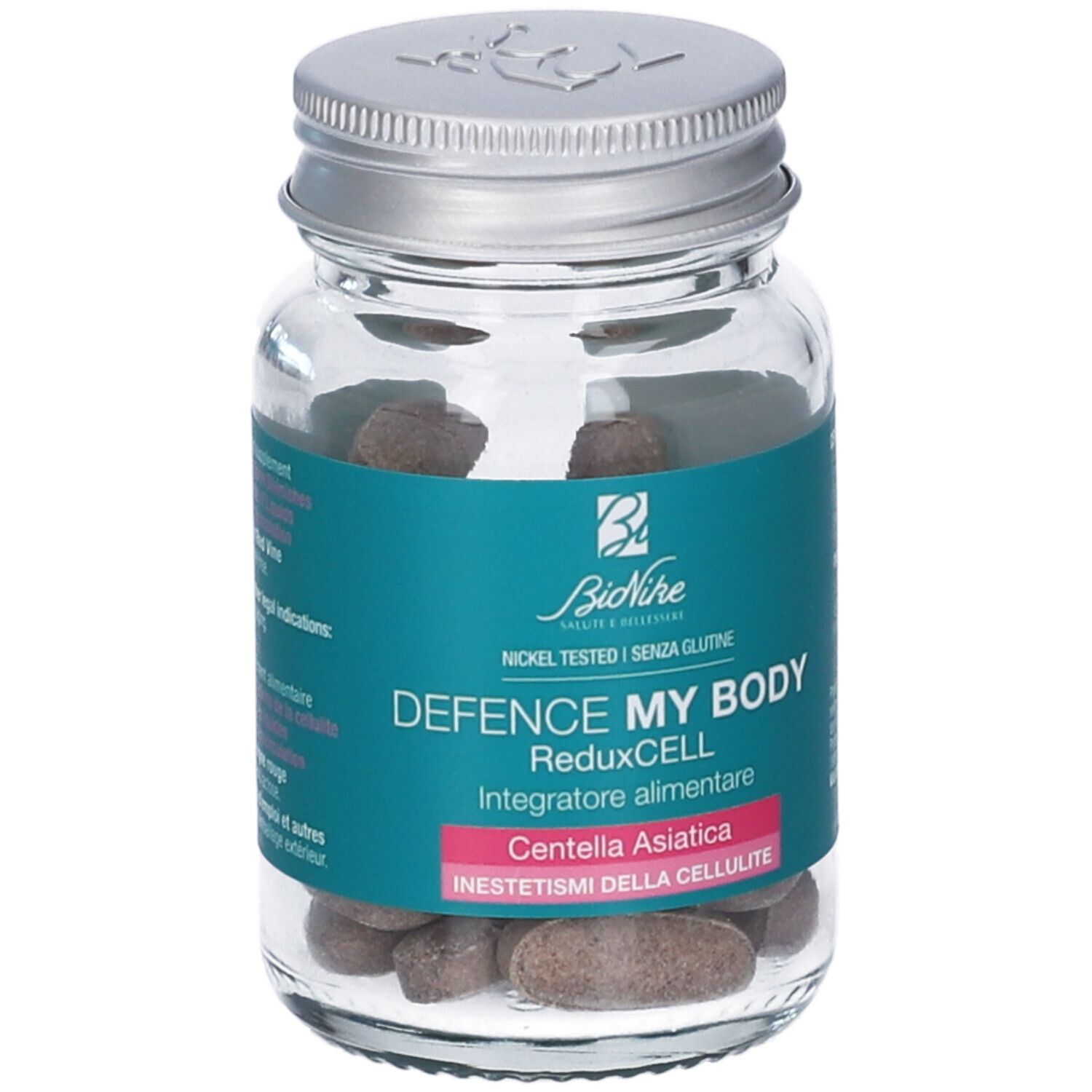 Flacone di compresse. Scritte: Bionike Defence My Body ReduxCELL, 30 compresse. Contiene Centella Asiatica. Nickel tested, senza glutine.