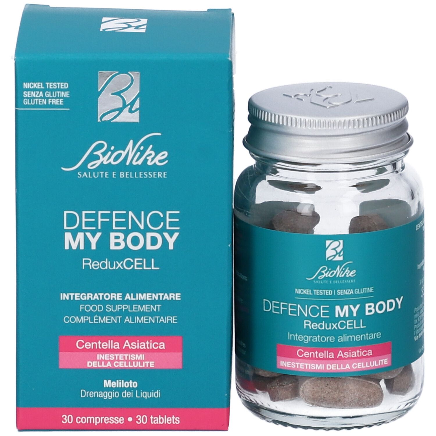 Confezione e flacone di compresse. Scritte: Bionike Defence My Body ReduxCELL, 30 compresse. Contiene Centella Asiatica.