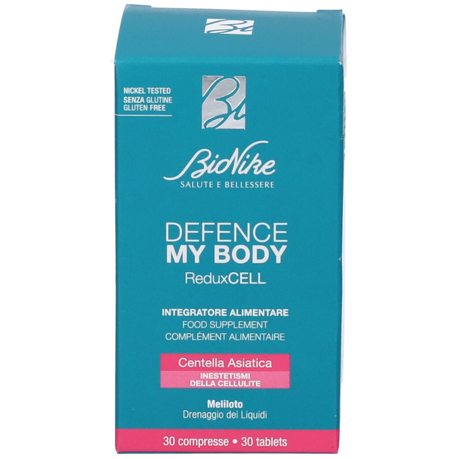 Confezione. Scritte: Bionike Defence My Body ReduxCELL, 30 compresse. Contiene Centella Asiatica. Nickel tested, senza glutine.