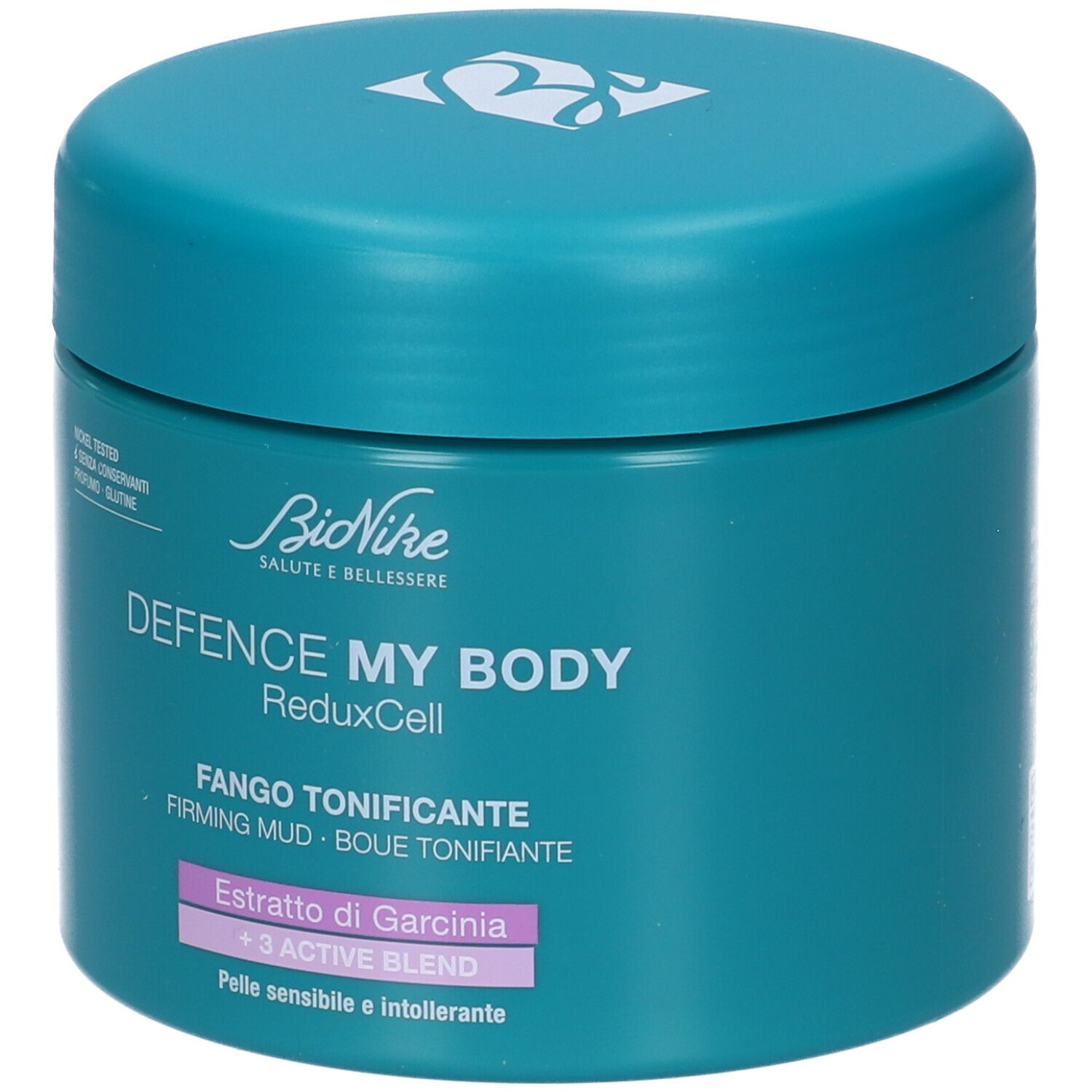 Vaso turchese con coperchio. Scritta: Defence My Body, Fango Tonificante. Marchio: BioNike.