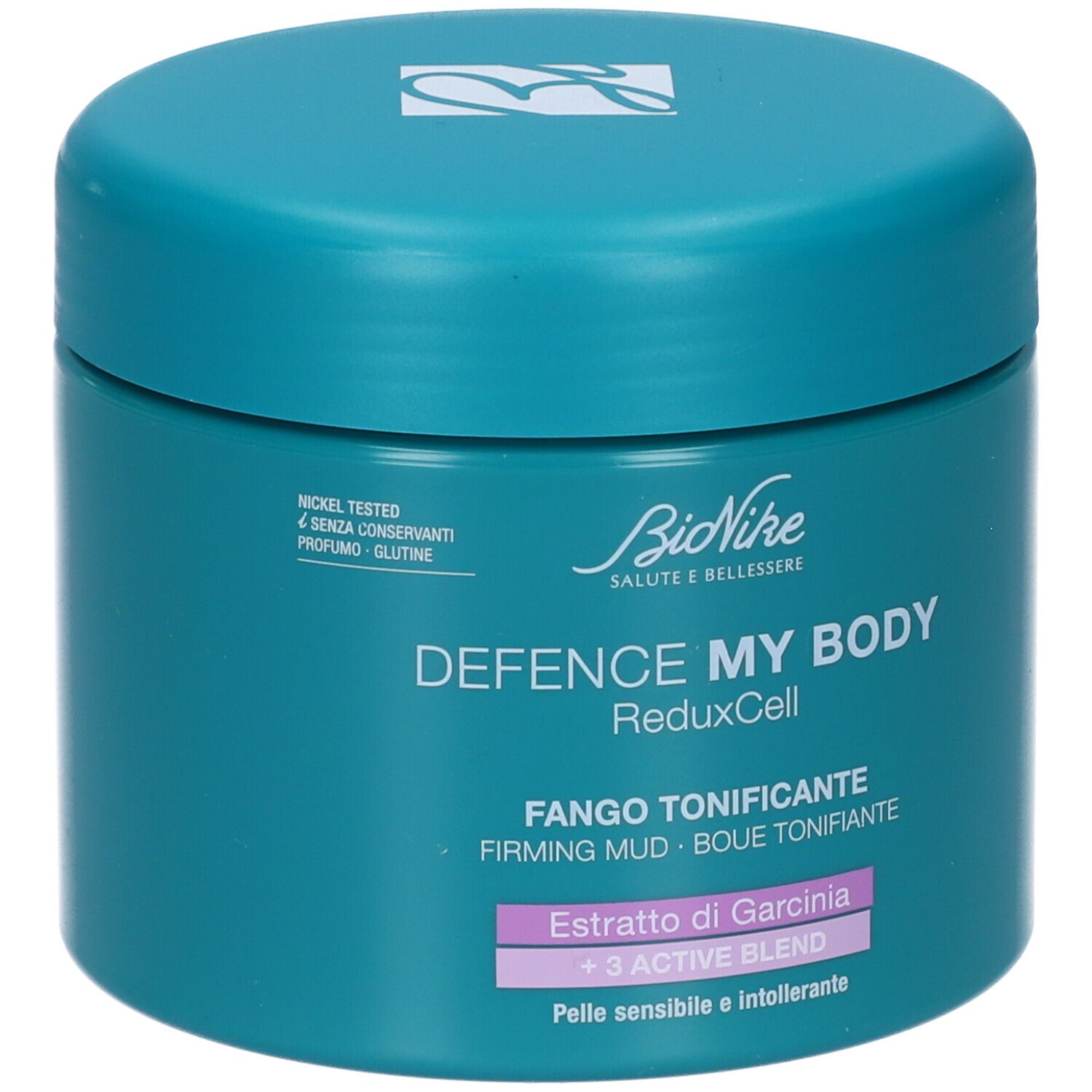Vaso turchese con coperchio. Scritta: Defence My Body, Fango Tonificante. Marchio: BioNike.