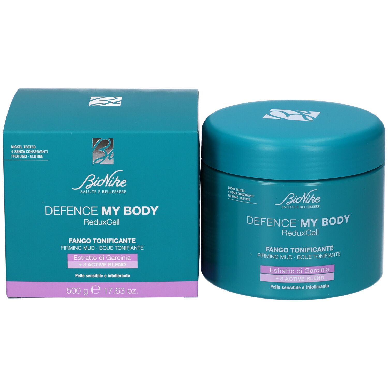 Vaso e scatola turchese. Scritta: Defence My Body, Fango Tonificante. Marchio: BioNike.