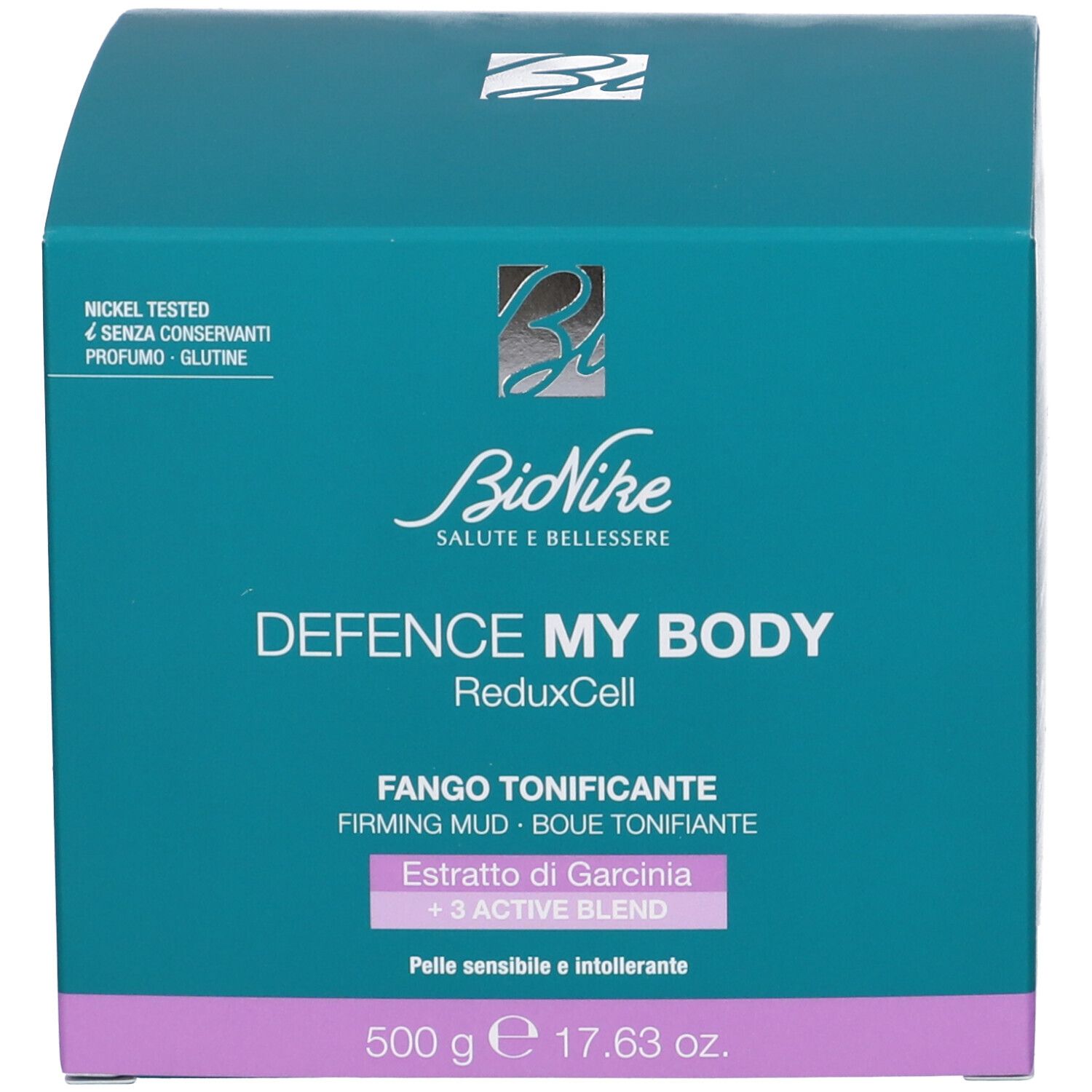 Scatola turchese. Scritta: Defence My Body, Fango Tonificante. Marchio: BioNike.