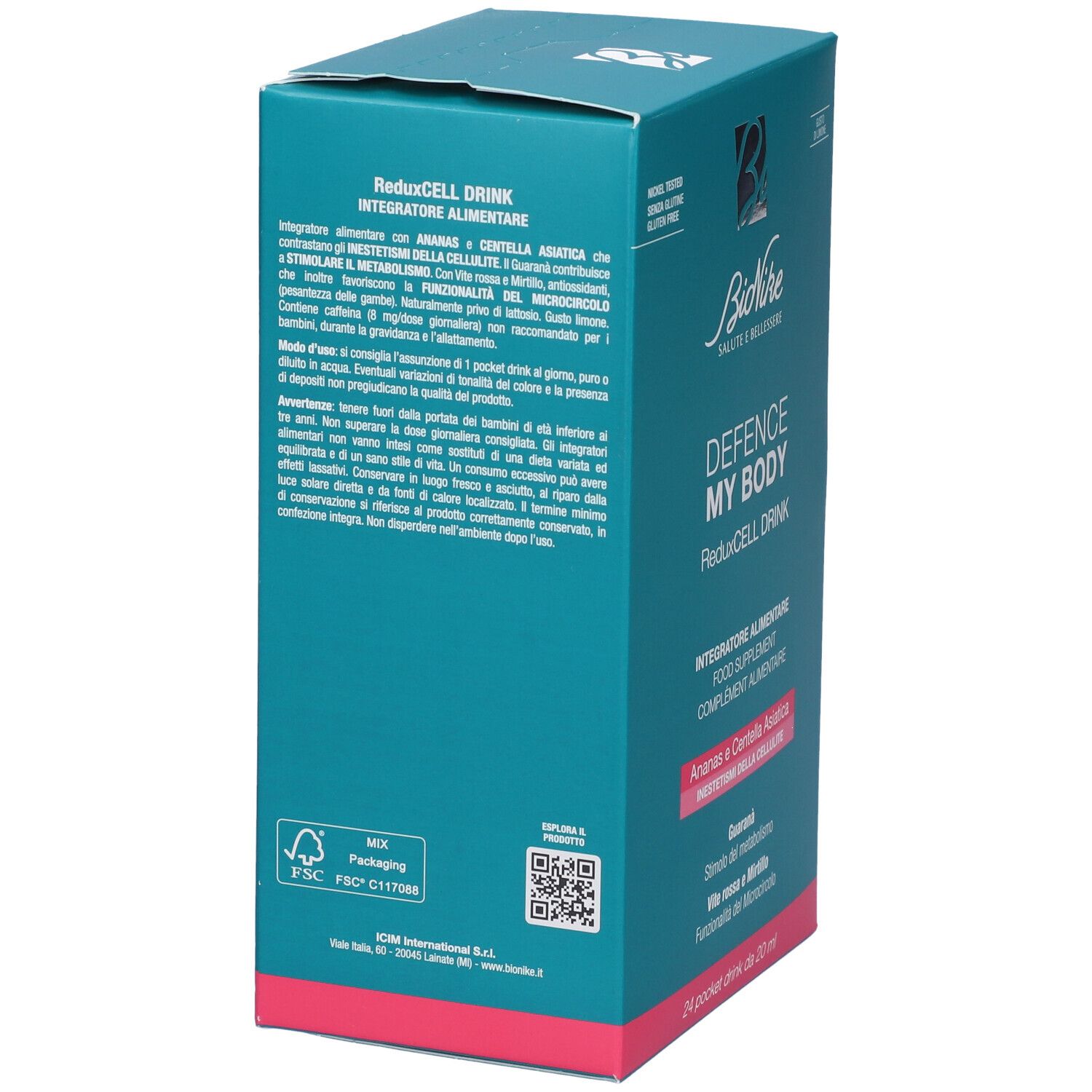 Scatola Bionike Defence My Body ReduxCELL Drink. Turchese e rosa. Retro con testo. Logo FSC. Codice QR. 24 Pocket Drinks.
