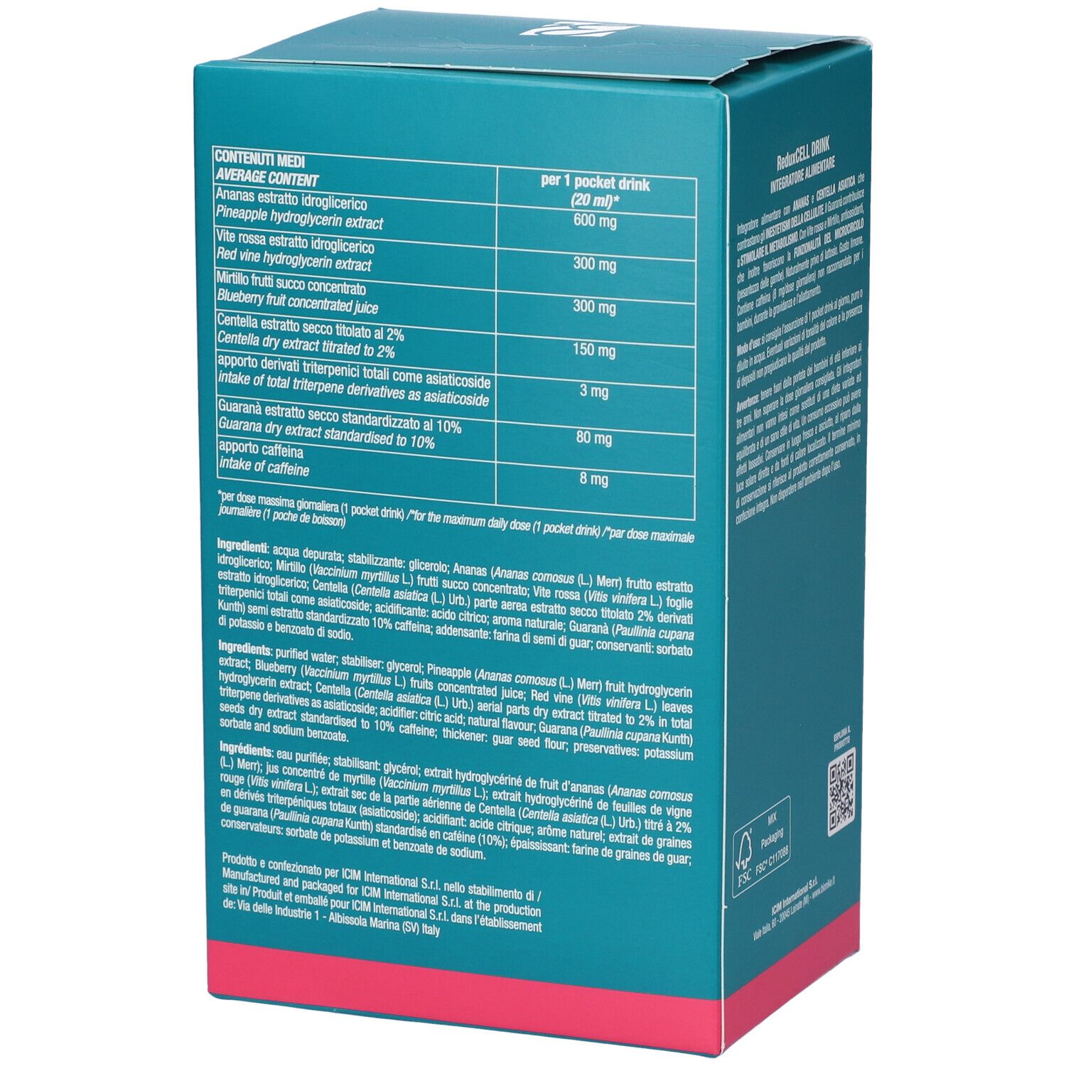 Scatola Bionike Defence My Body ReduxCELL Drink. Turchese e rosa. Tabella nutrizionale. Ingredienti: Ananas, Mirtillo, Guaranà, Caffeina.