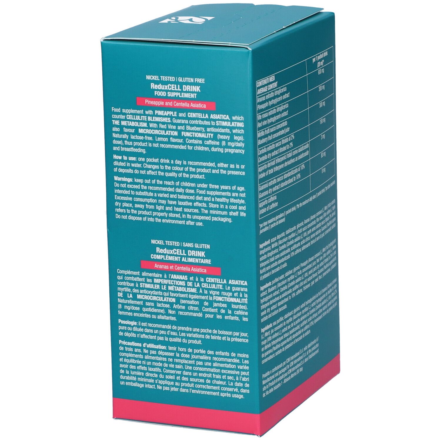 Scatola Bionike Defence My Body ReduxCELL Drink. Turchese e rosa. Testo: Senza glutine, testato al nichel. Ingredienti. Avvertenze.