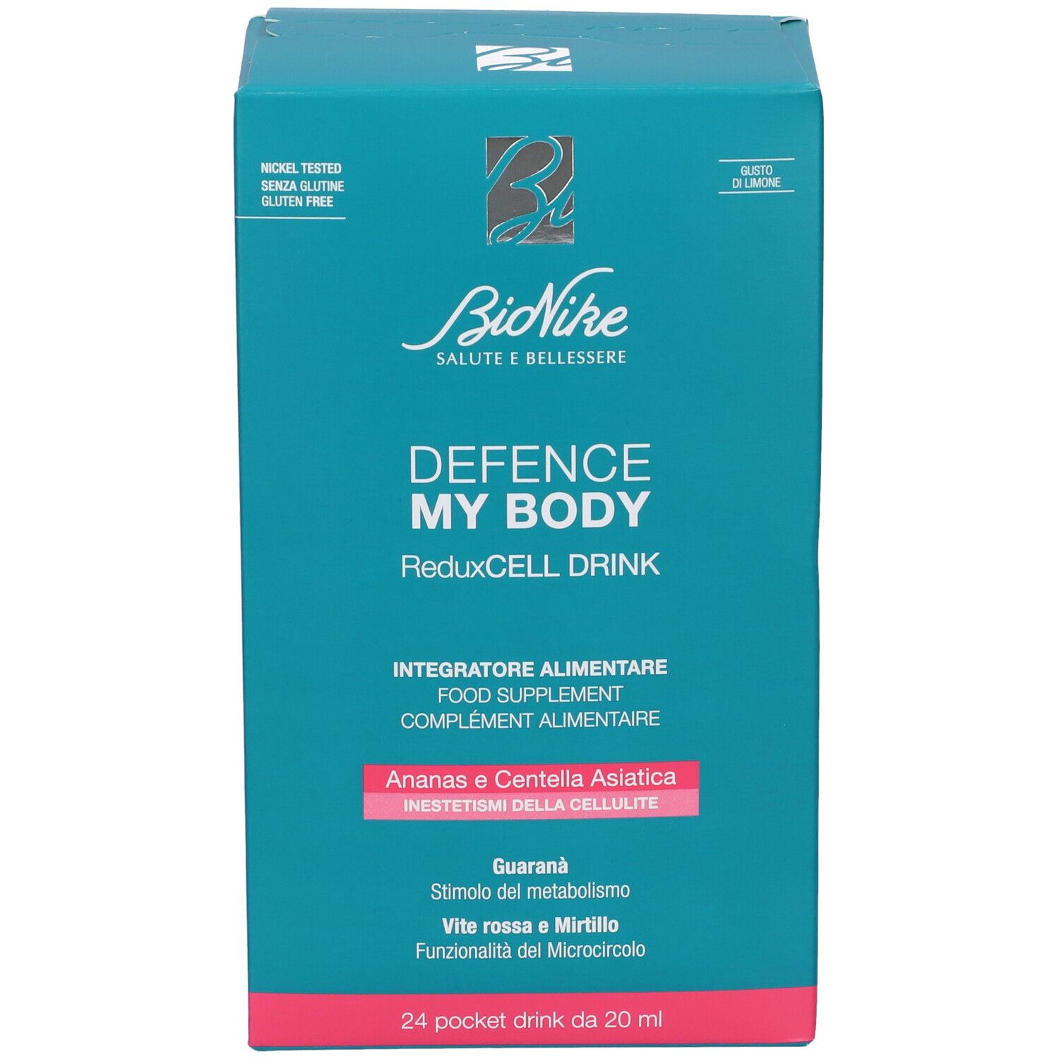 Scatola Bionike Defence My Body ReduxCELL Drink. Turchese e rosa. Testo: Senza glutine, 24 Pocket Drinks. Ingredienti: Ananas, Centella Asiatica.