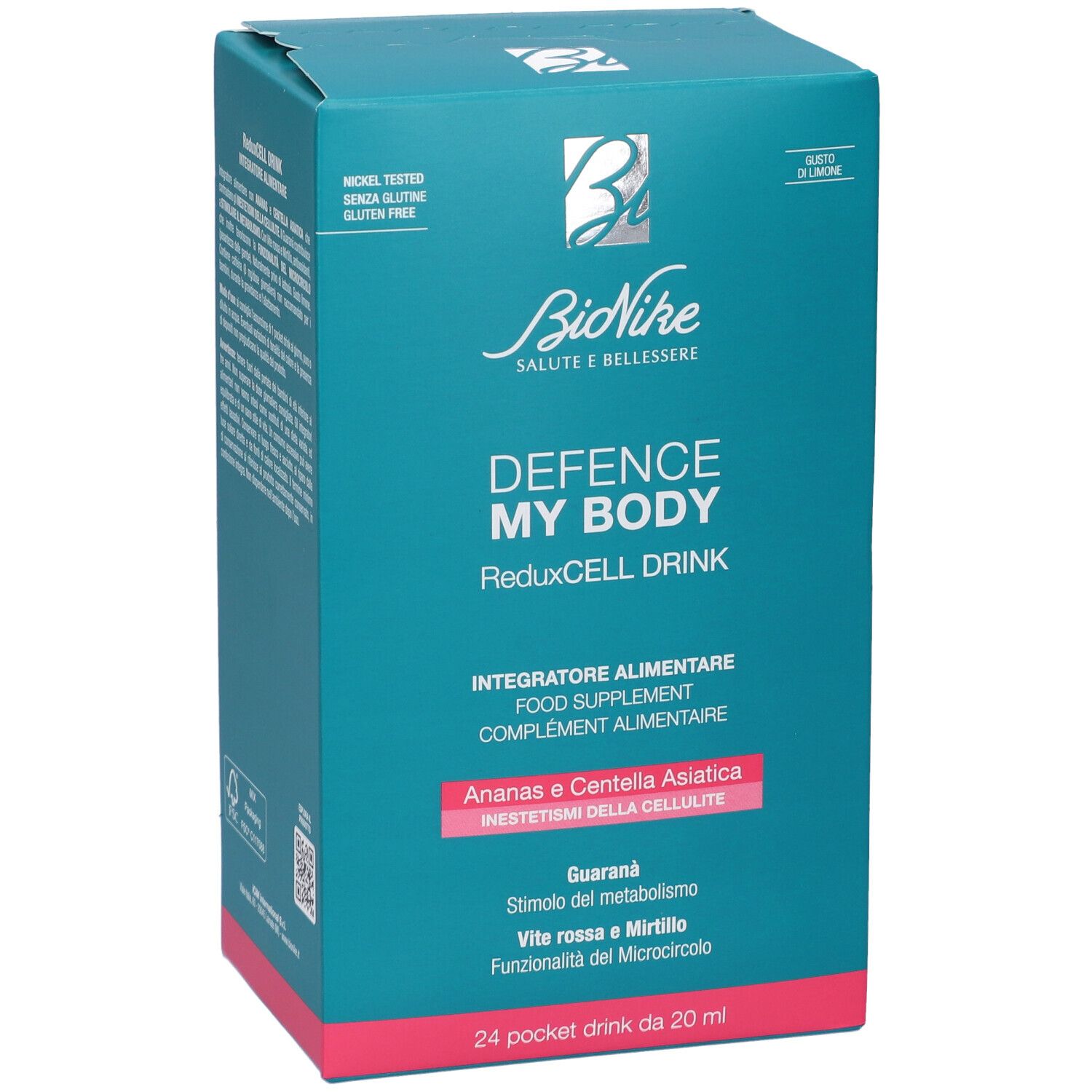 Scatola Bionike Defence My Body ReduxCELL Drink. Turchese e rosa. Testo: Senza glutine, 24 Pocket Drinks. Ingredienti: Ananas, Centella Asiatica.