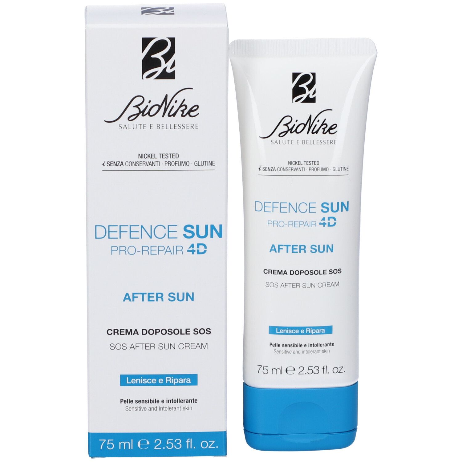 Prodotto e confezione. Bionike Defence Sun Pro-Repair 4D After Sun. Tubo e scatola bianchi.