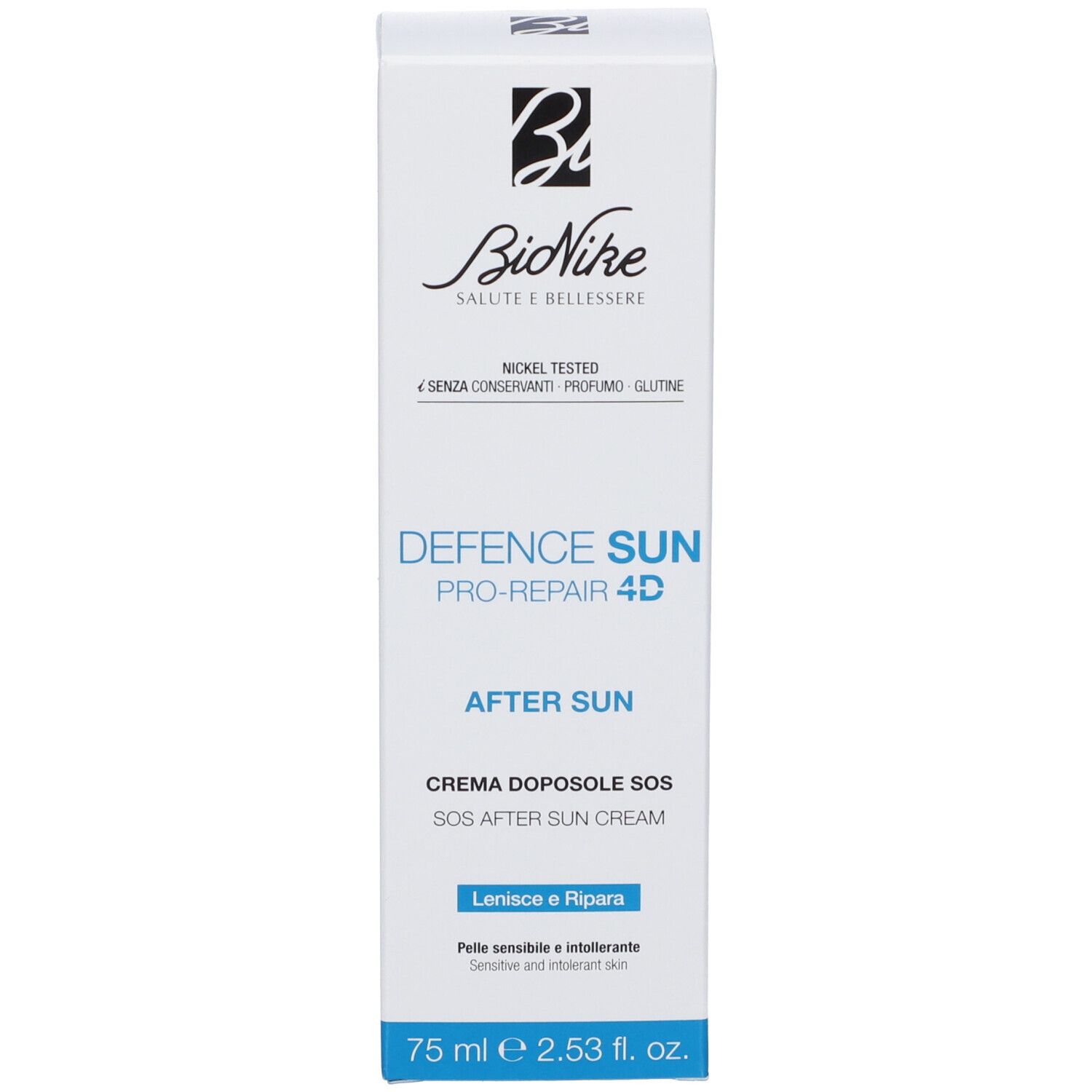 Scatola bianca. Scritta: Bionike, Defence Sun Pro-Repair 4D After Sun. 75 ml.