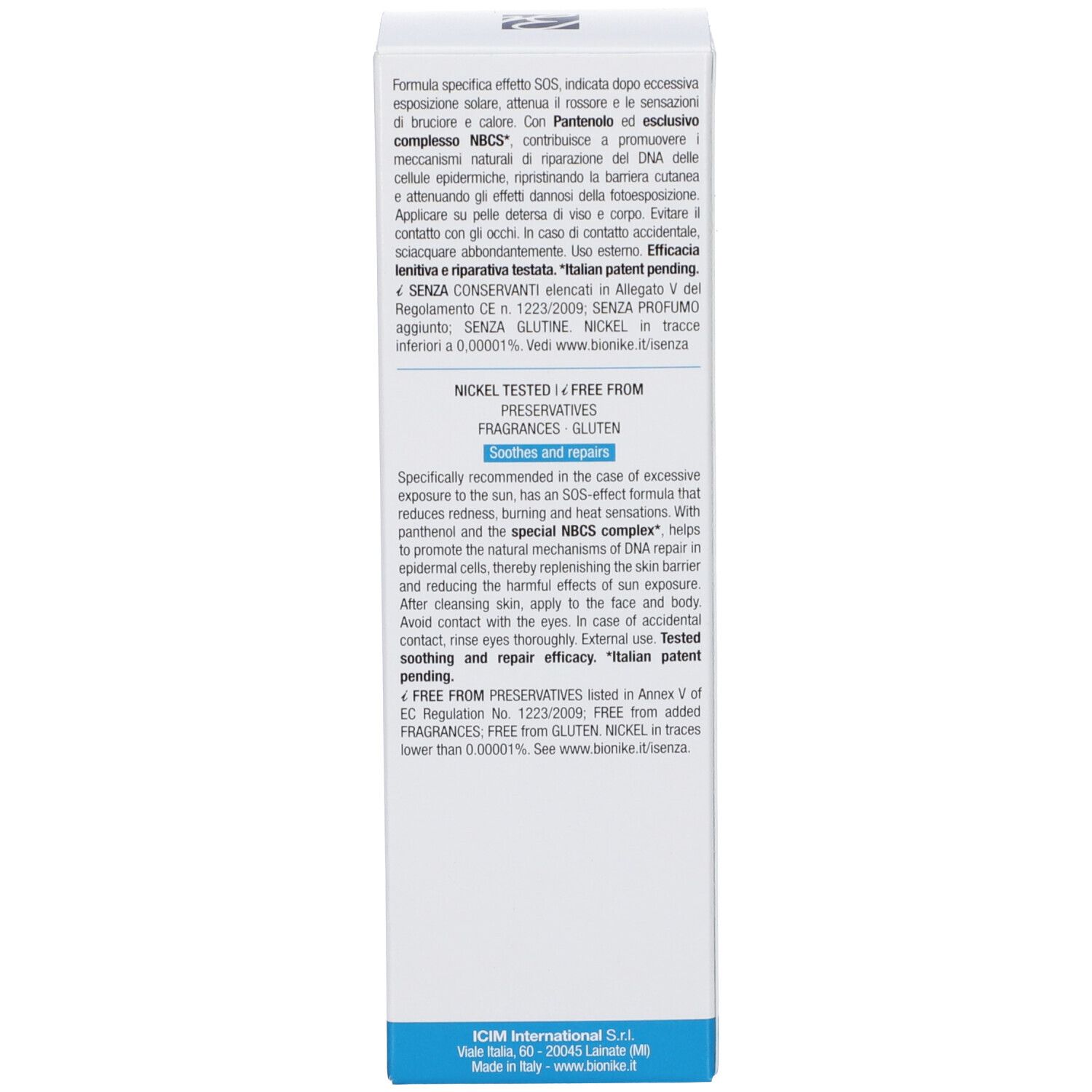 Lato della scatola. Testo: Formula effetto SOS. Nickel tested. Senza glutine. Made in Italy.