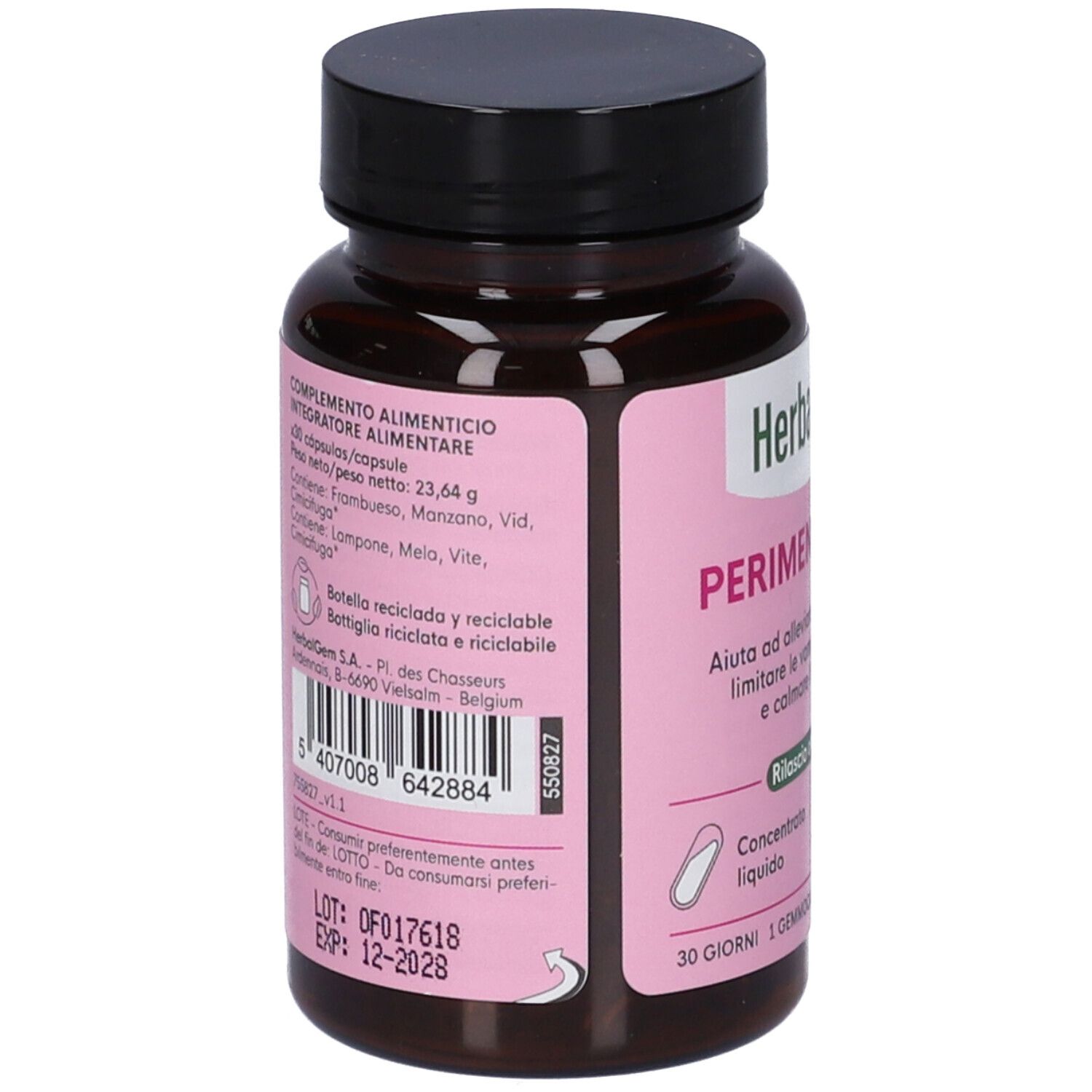 Flacone marrone, retro con etichetta rosa. Testo: Integratore alimentare. Contiene 30 capsule. Da consumarsi preferibilmente entro 12-2028.