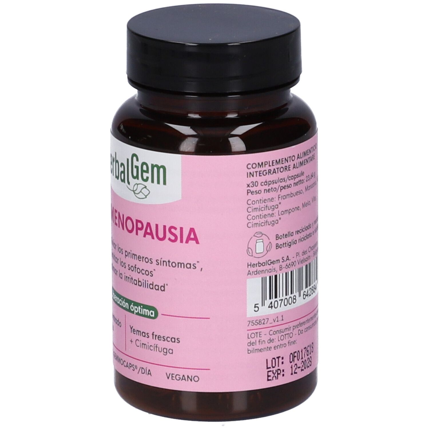 Flacone marrone con etichetta rosa. Scritta: HerbalGem PERIMENOPAUSA. Contiene 30 capsule. Vegano.