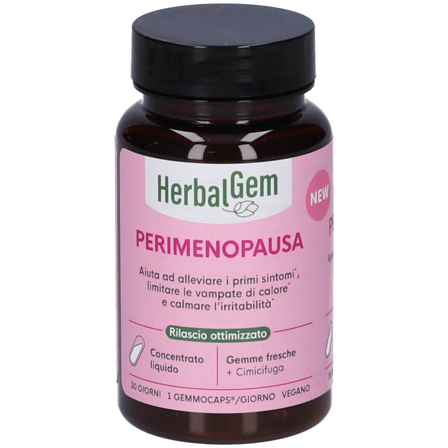 Flacone marrone con etichetta rosa. Scritta: HerbalGem PERIMENOPAUSA. Contiene 30 capsule. Vegano.