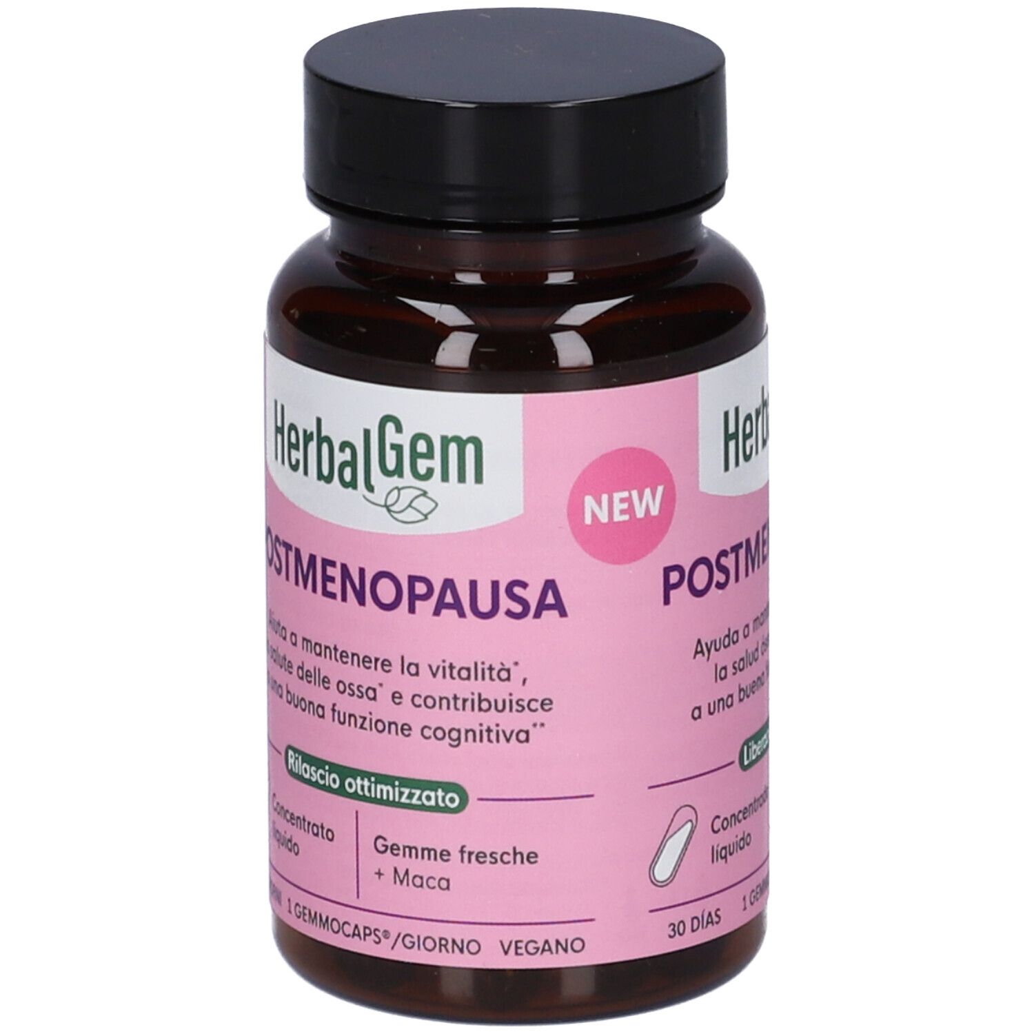 Flacone marrone, tappo nero. Etichetta rosa: HerbalGem Postmenopausa. 30 capsule. Vegano.