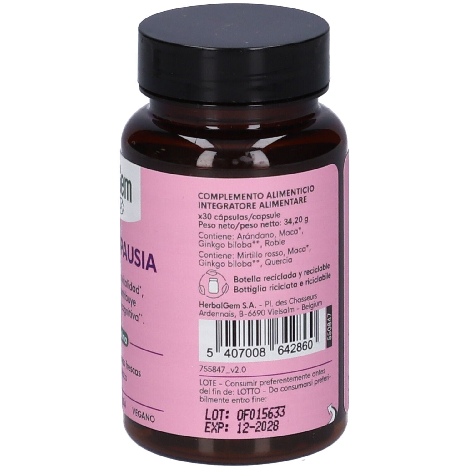 Flacone marrone, tappo nero. Retro con testo e ingredienti. 30 capsule. Vegano. Numero di lotto e scadenza.
