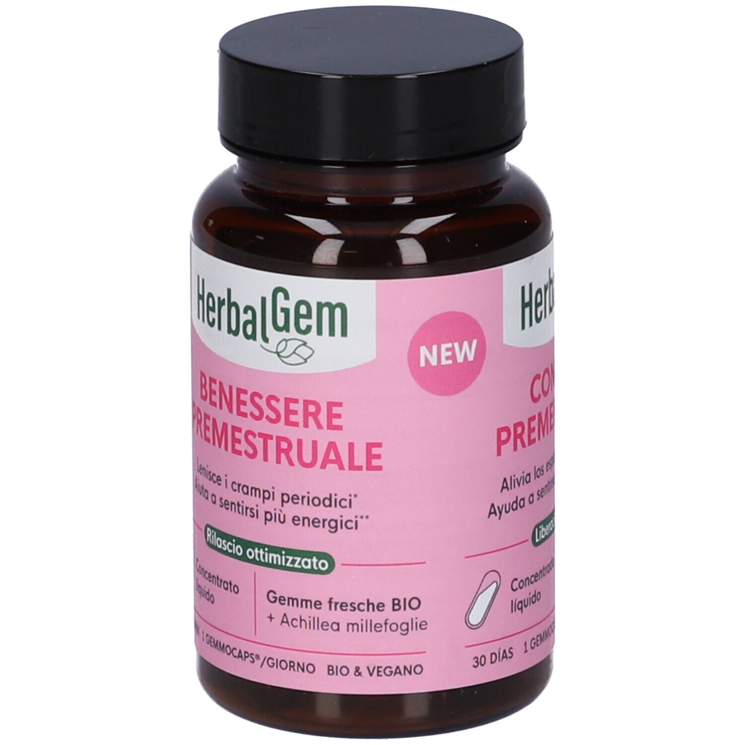 Flacone di vetro marrone, tappo nero. Etichetta rosa: HerbalGem, Benessere Premestruale. Contiene 30 Gemmocaps.