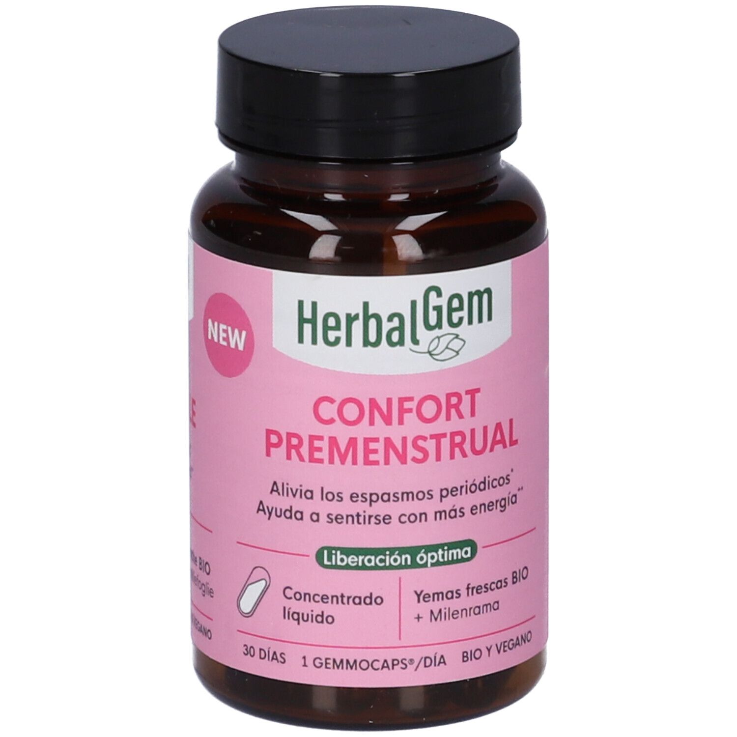 Flacone di vetro marrone, tappo nero. Etichetta rosa: HerbalGem, Confort Premenstrual. Contiene 30 Gemmocaps.