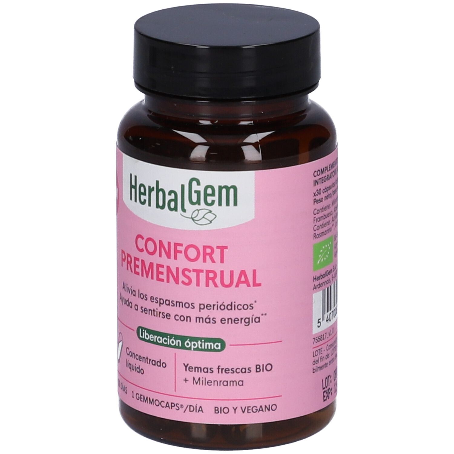 Flacone di vetro marrone, tappo nero. Etichetta rosa: HerbalGem, Confort Premenstrual. 30 Gemmocaps. Certificazione Bio.