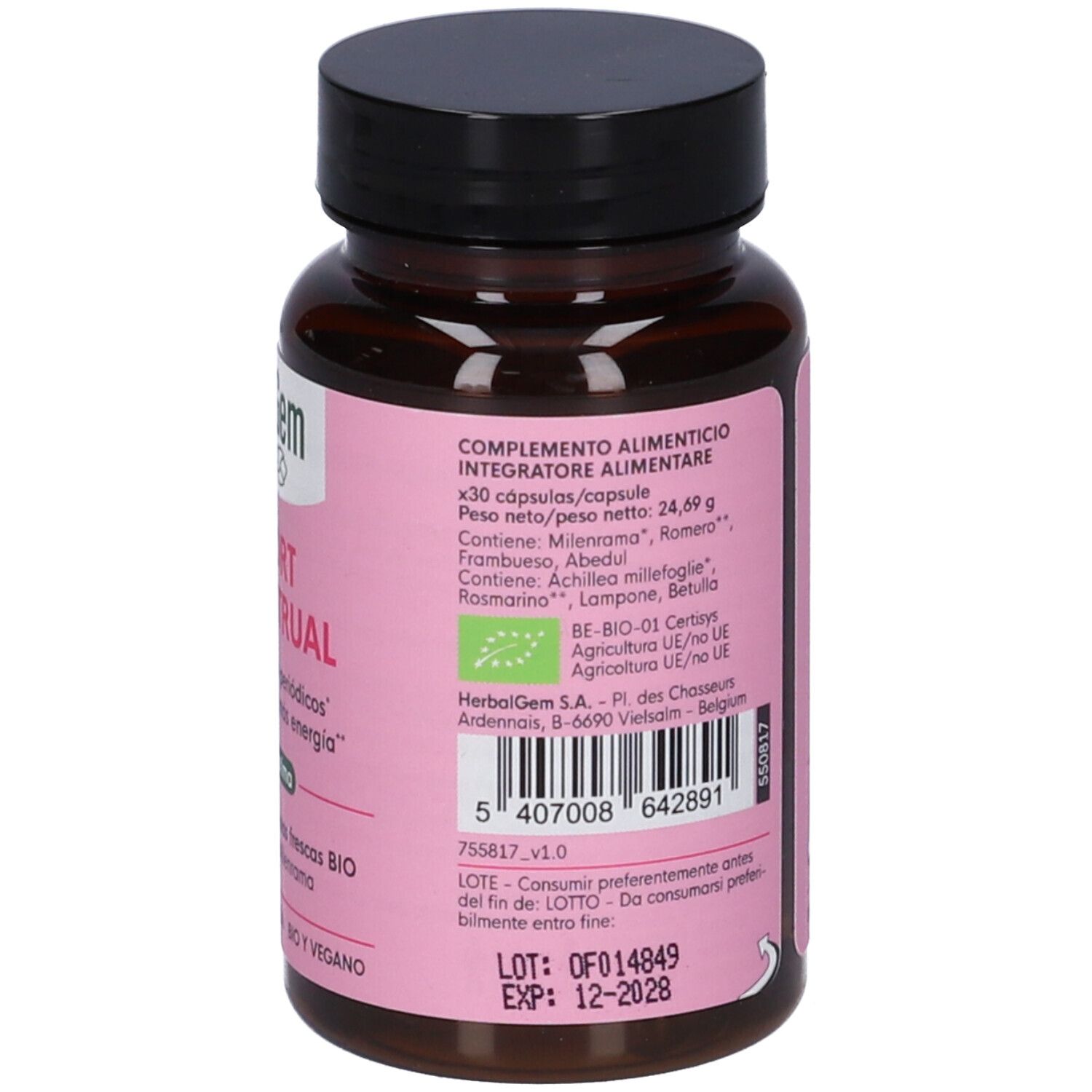 Flacone di vetro marrone, tappo nero. Retro: HerbalGem, Confort Premenstrual. 30 capsule. Certificazione Bio.