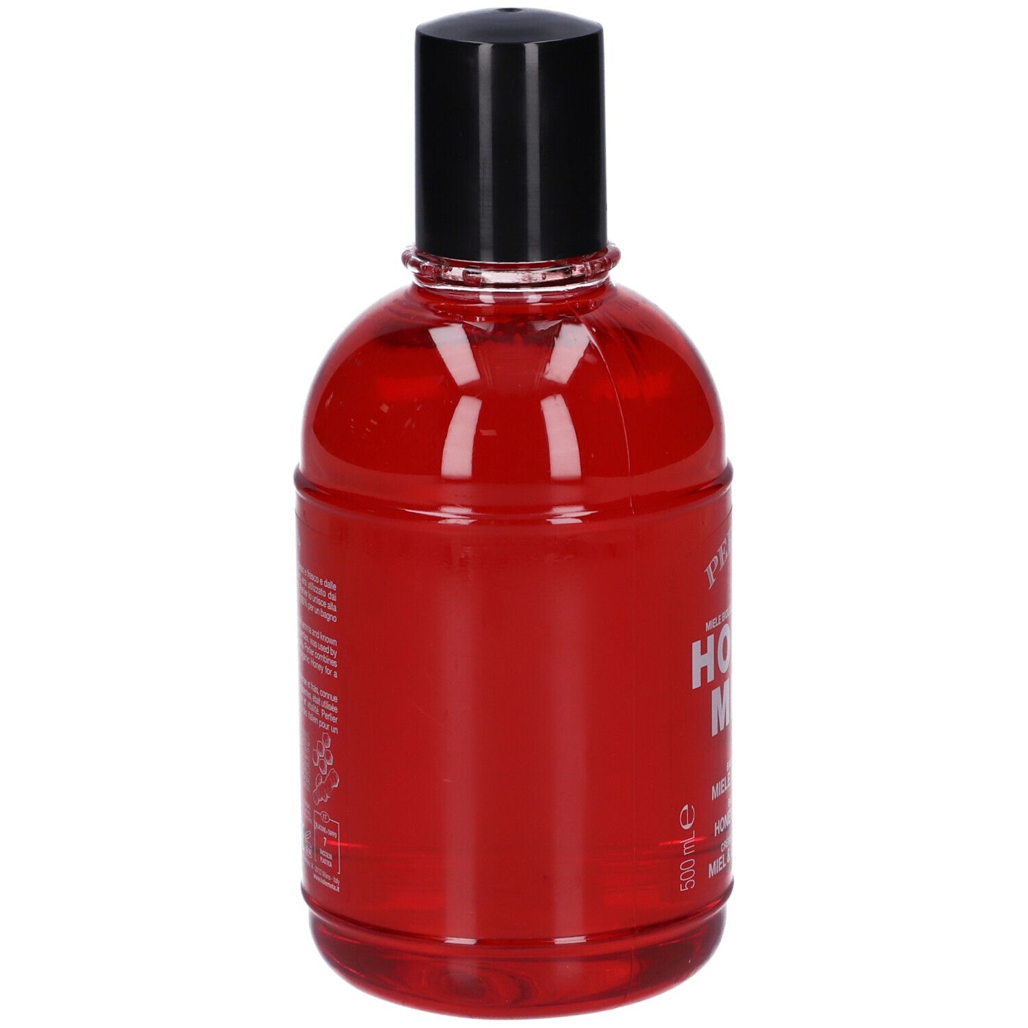 Liquido rosso in una bottiglia trasparente con tappo nero, 500 ml.