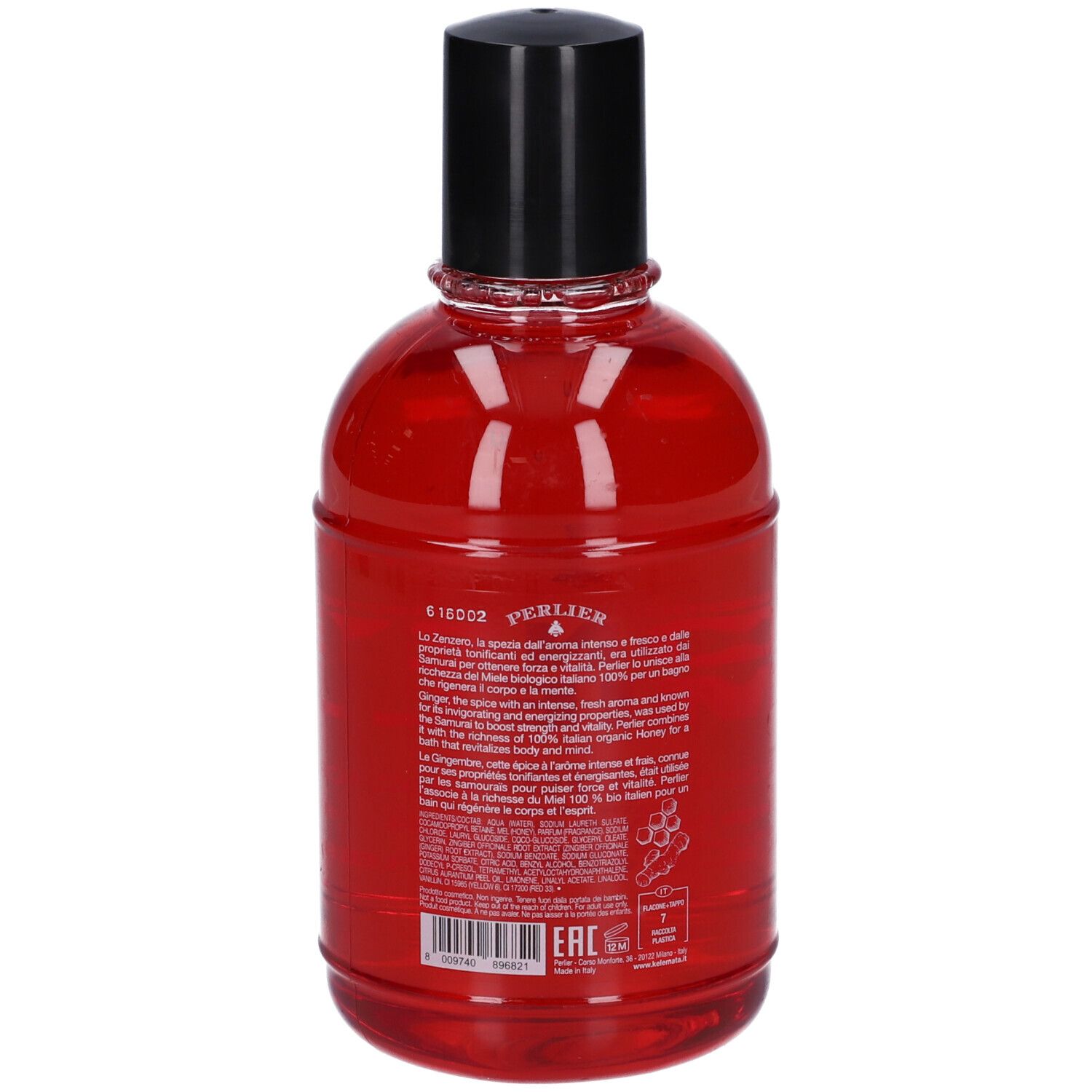 Bagnoschiuma Perlier al profumo di miele in flacone rosso trasparente con tappo nero.
