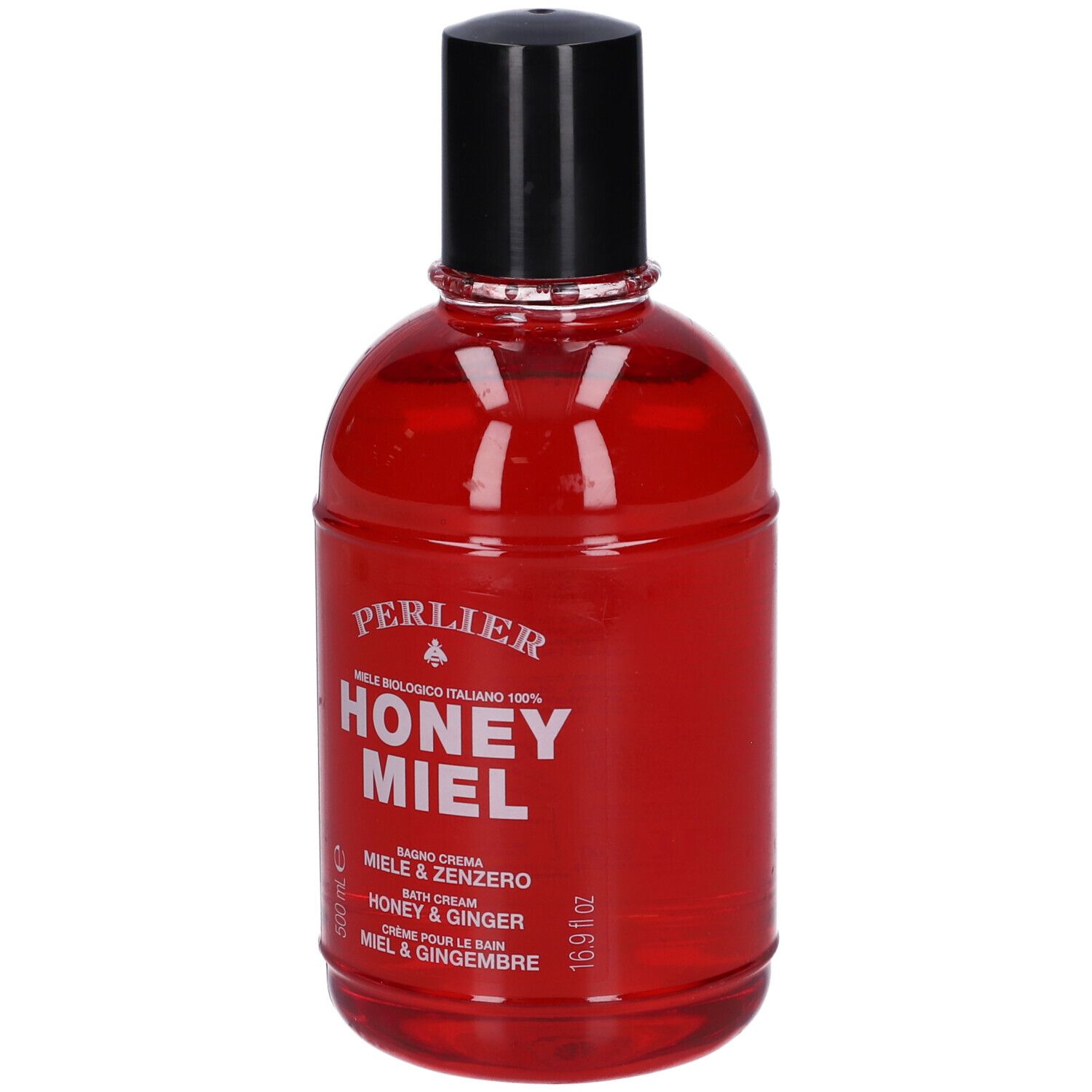Bottiglia rossa con Perlier Honey Miel bagnoschiuma, 500ml.