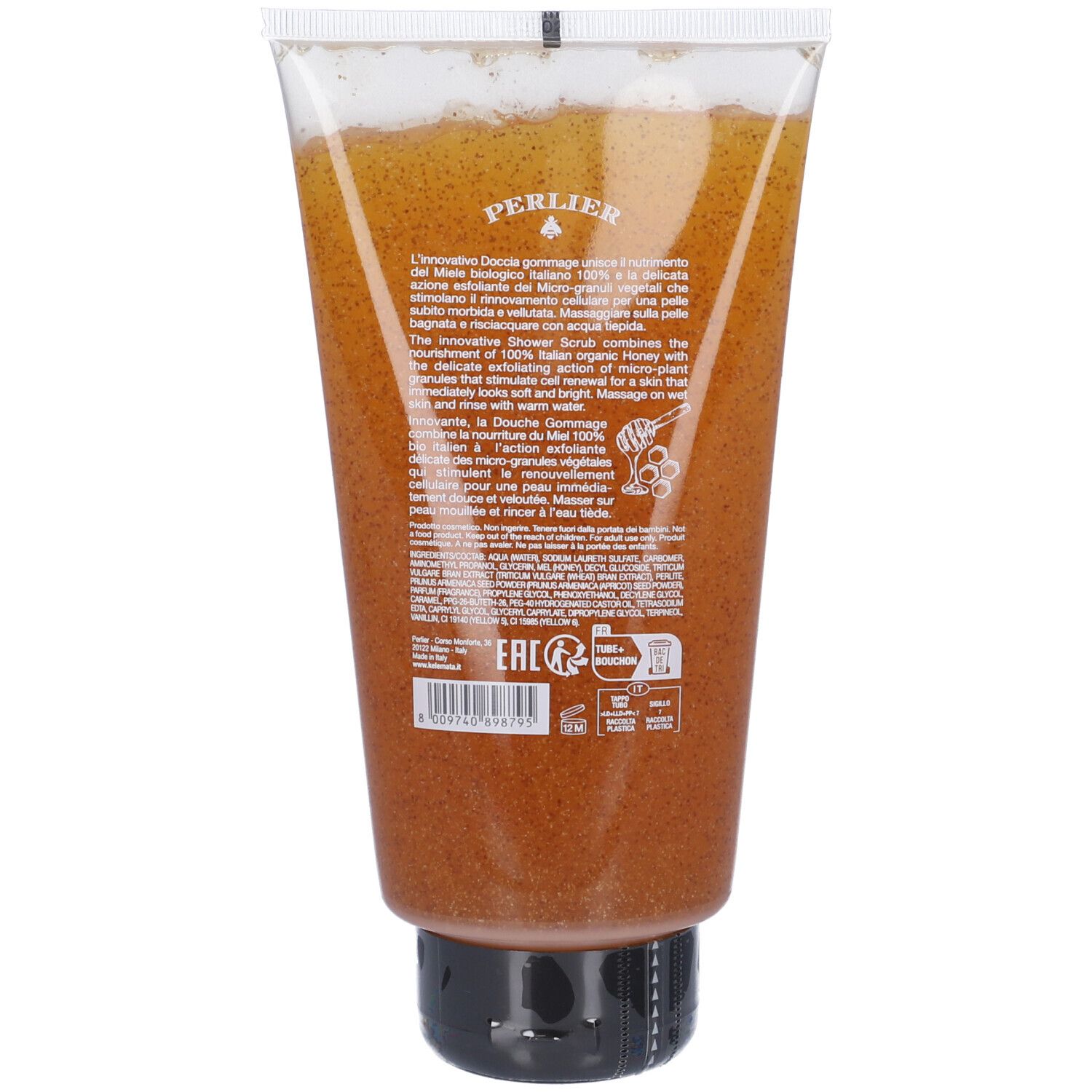 Scrub corpo Perlier in tubo trasparente con tappo nero, texture miele.