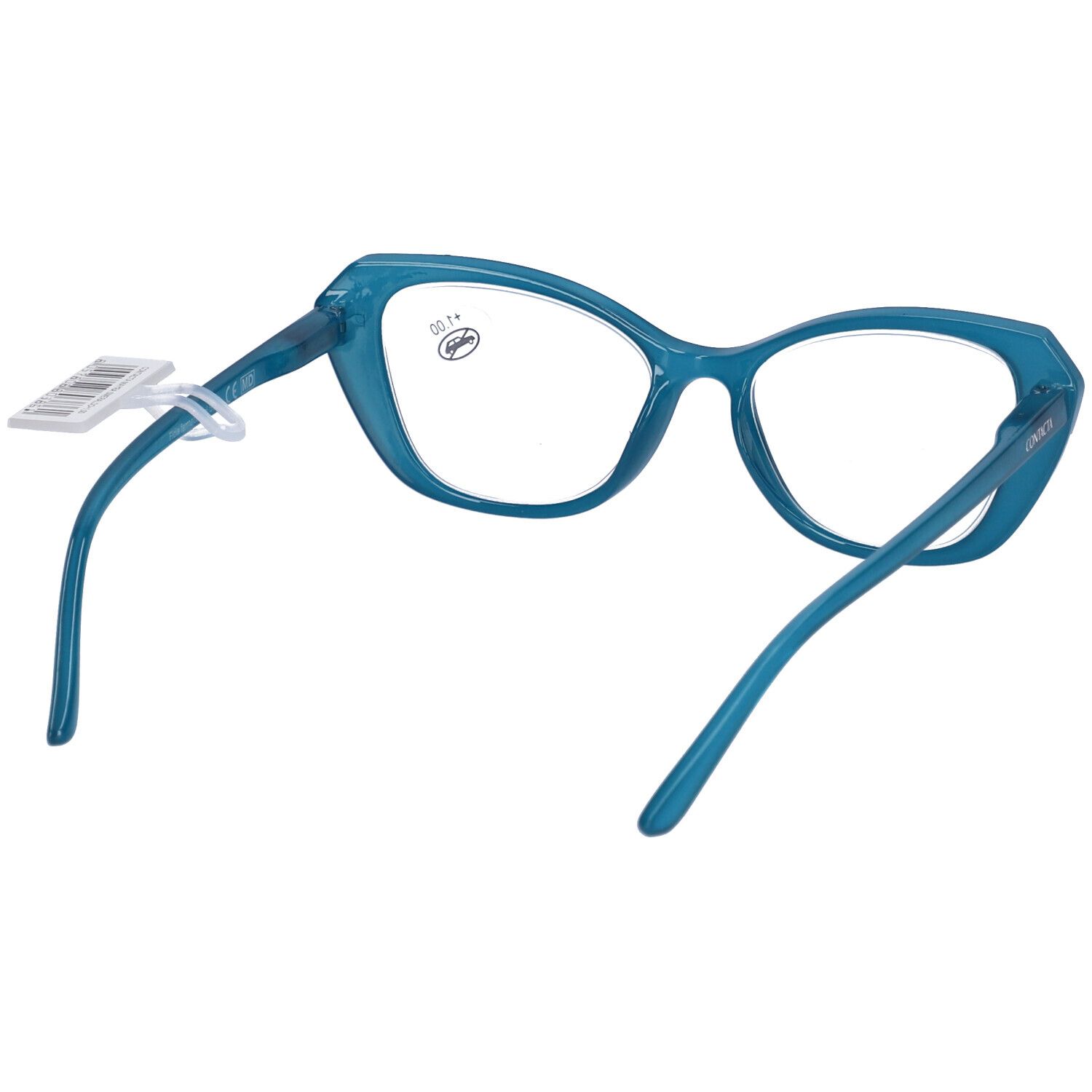 Occhiali smeraldo +1,00, vista posteriore. Forma a occhi di gatto. Etichetta prezzo.