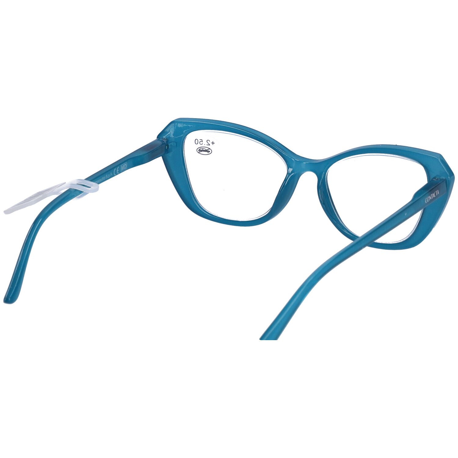 Occhiali blu +2,50. Montatura a occhi di gatto. Etichetta sulla stanghetta.