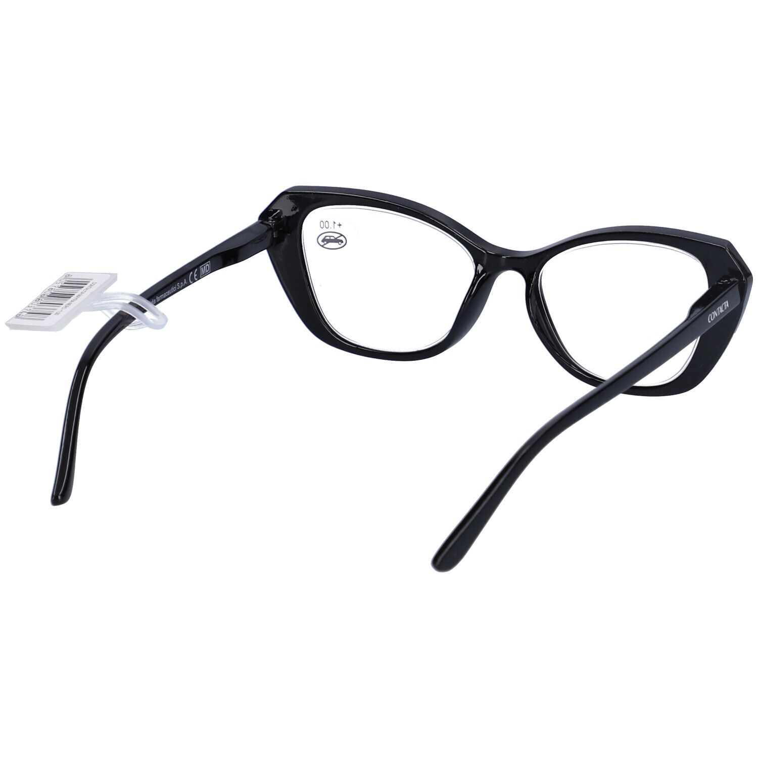 Occhiali neri +1.00, forma a occhi di gatto. Montatura in plastica. Etichetta sulla stanghetta.