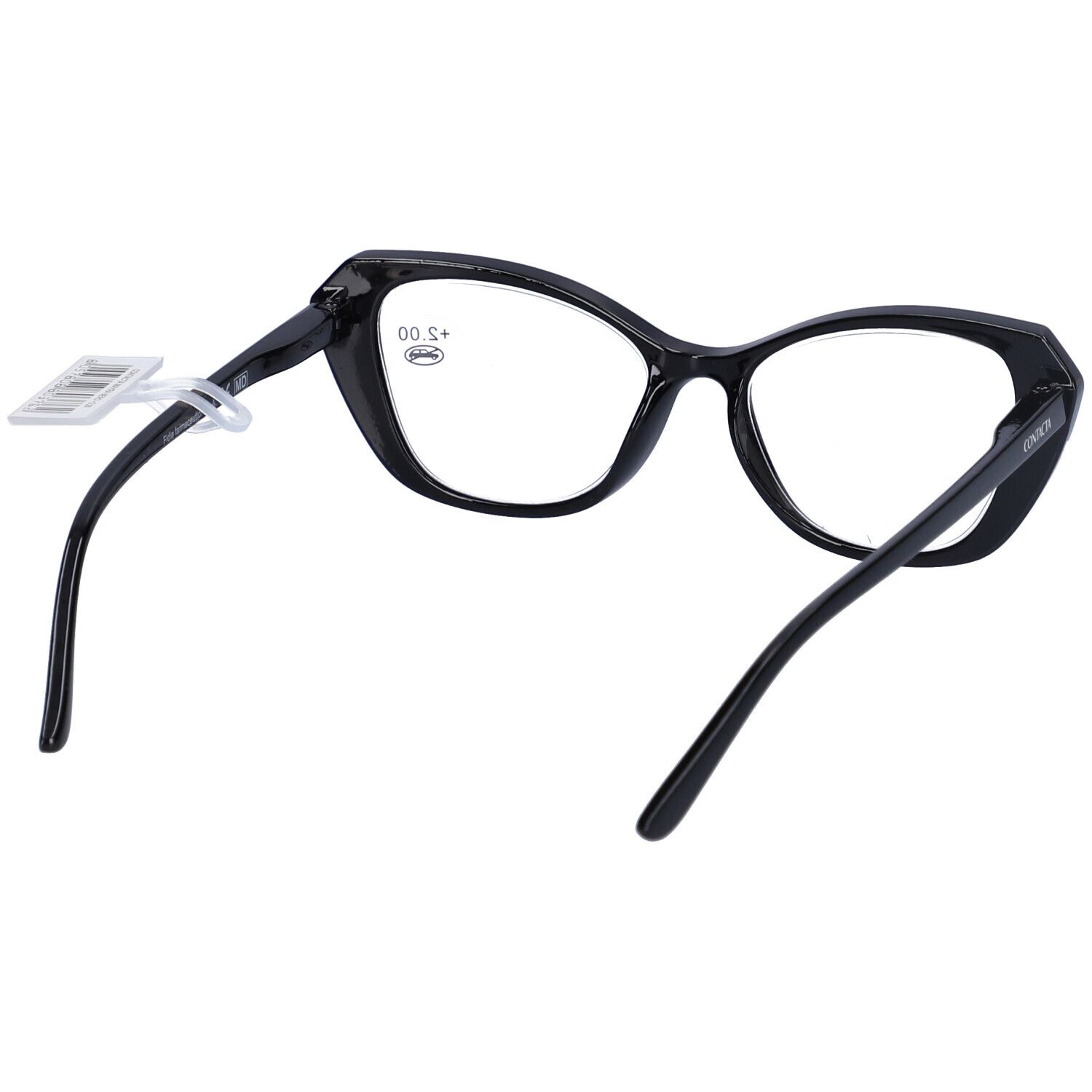 Vista posteriore di occhiali neri. Lenti +2,00. Montatura e aste in plastica. Etichetta sull'asta.