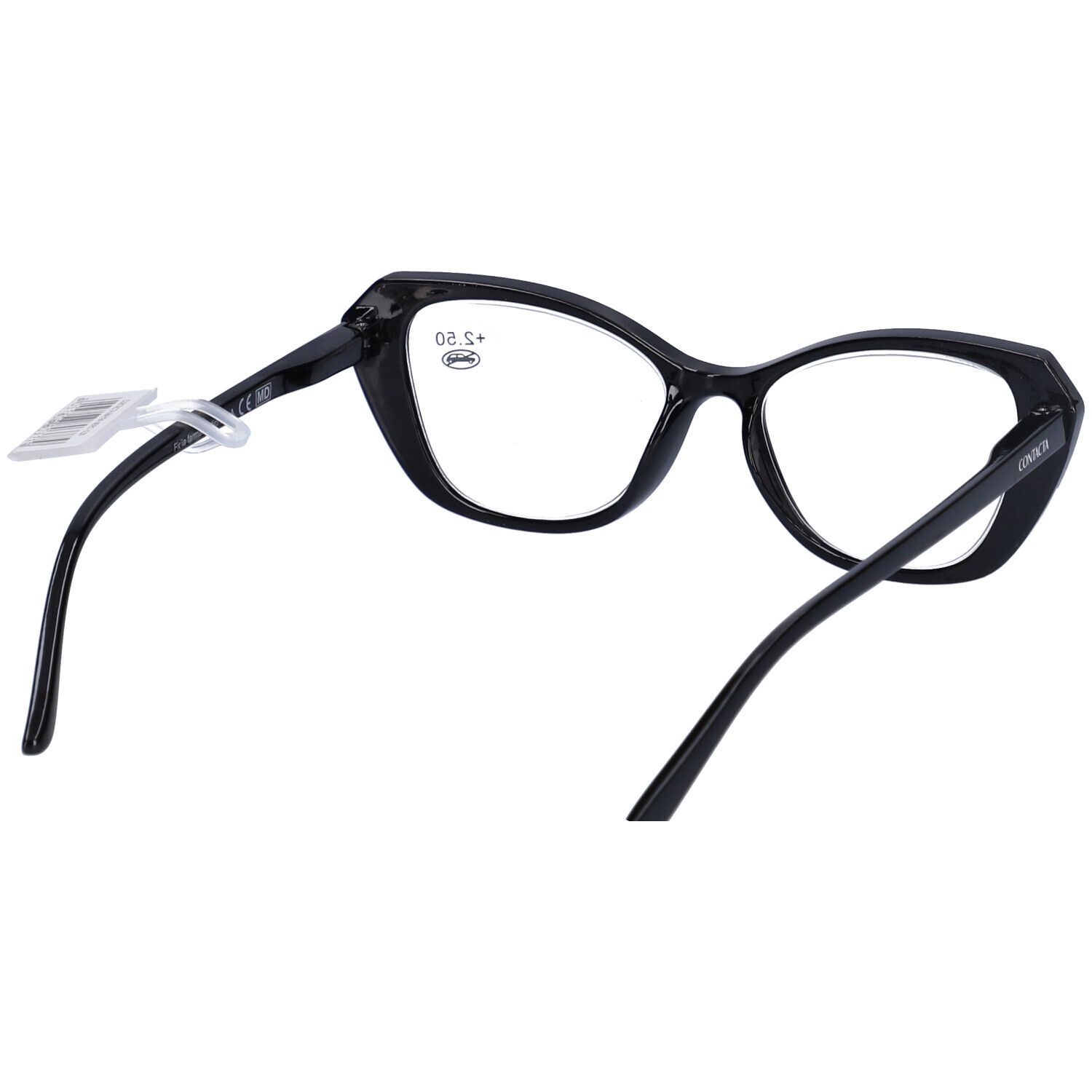 Occhiali neri +2,50, vista posteriore. La gradazione è indicata sulla lente destra.