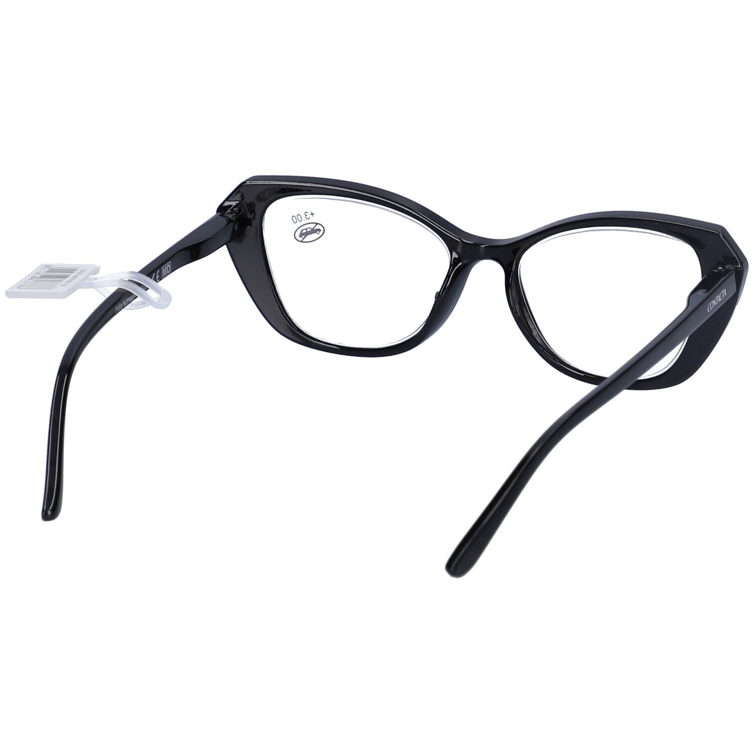 Occhiali neri +3,00, vista posteriore. Gradazione indicata sulla lente destra.