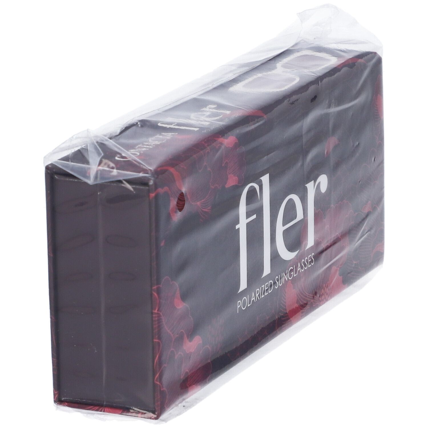 Confezione 'fler POLARIZED SUNGLASSES' in plastica. Vista laterale con motivo floreale.