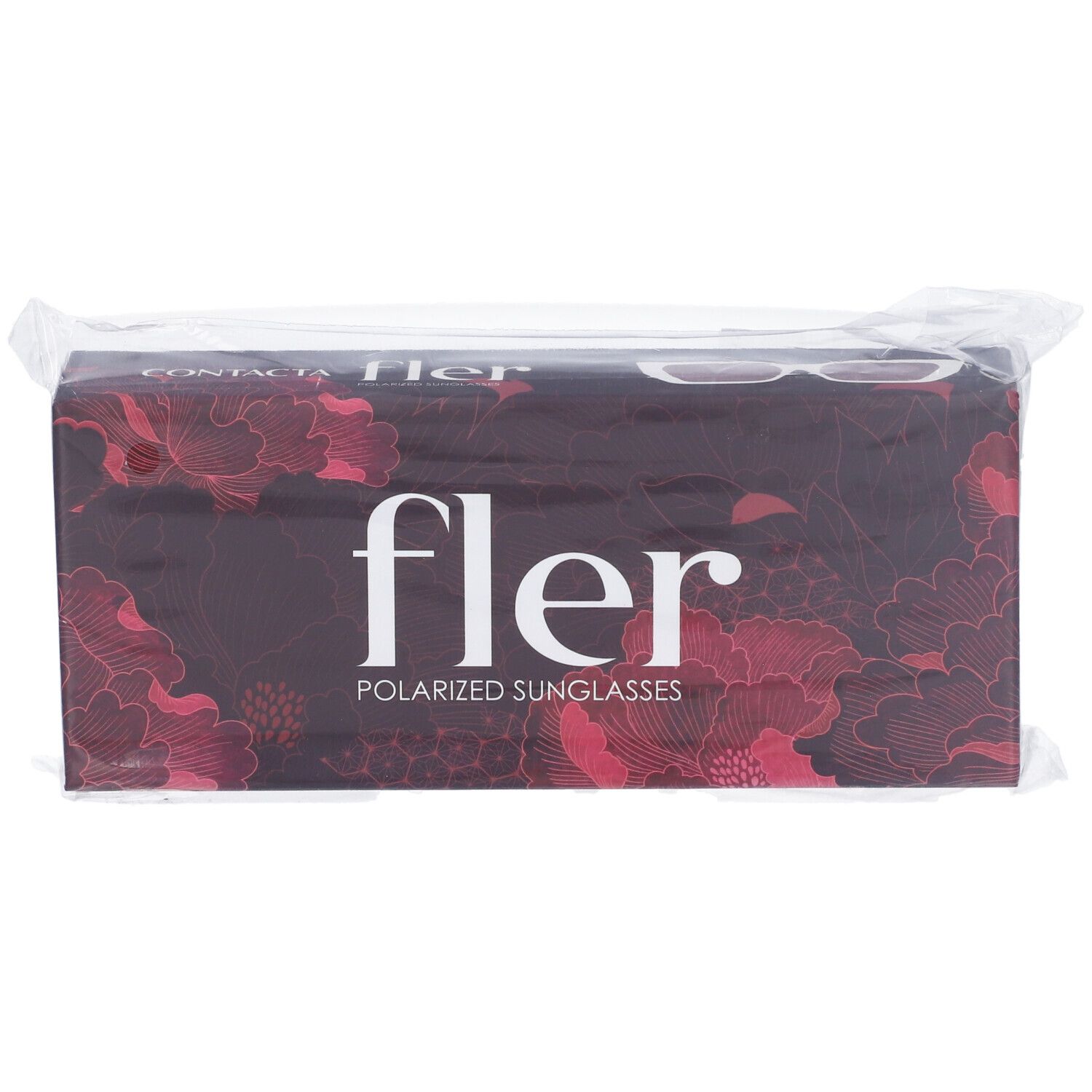 Confezione 'fler POLARIZED SUNGLASSES' in plastica. Fronte con motivo floreale e scritta.