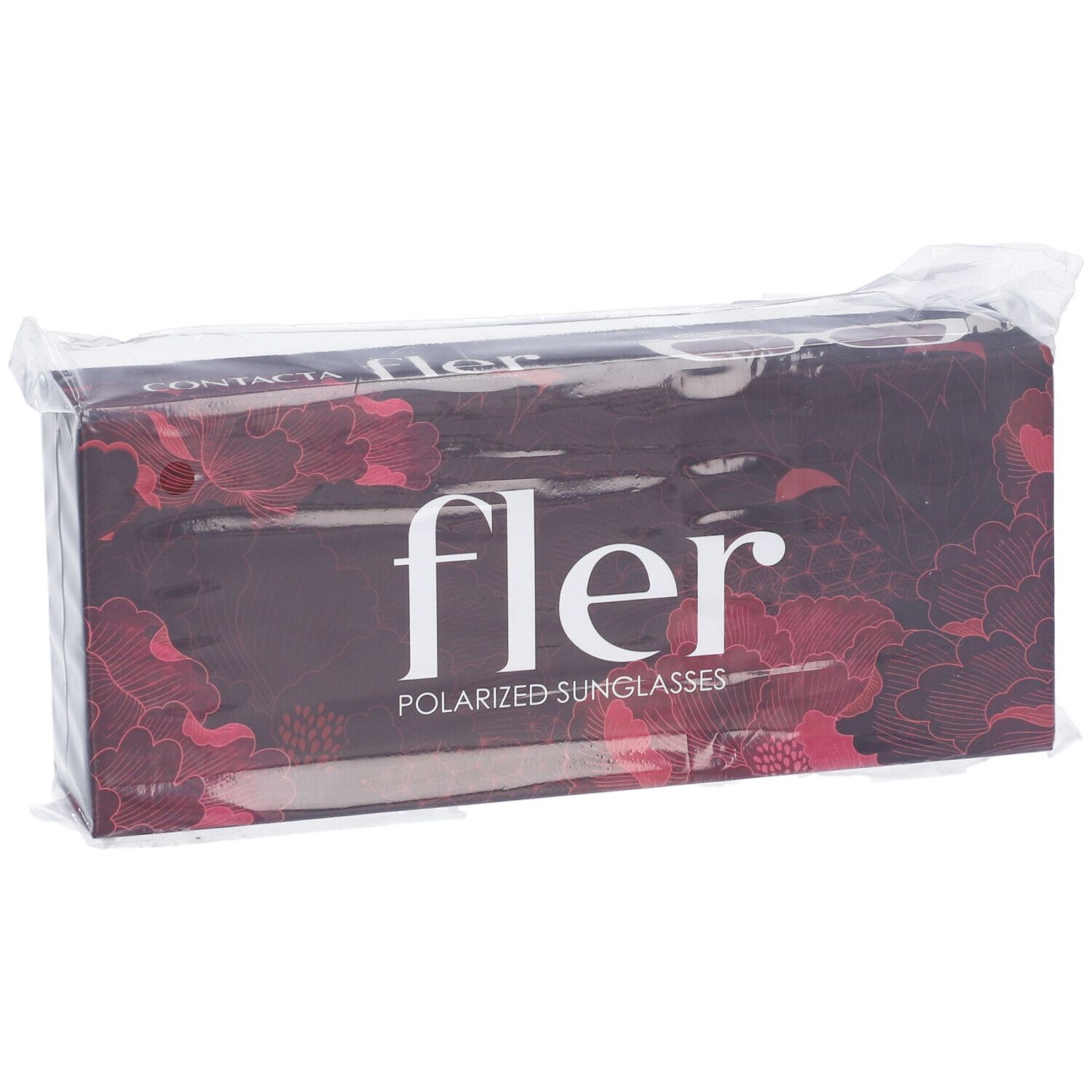 Confezione 'fler POLARIZED SUNGLASSES' in plastica. Vista frontale con motivo floreale e scritta.