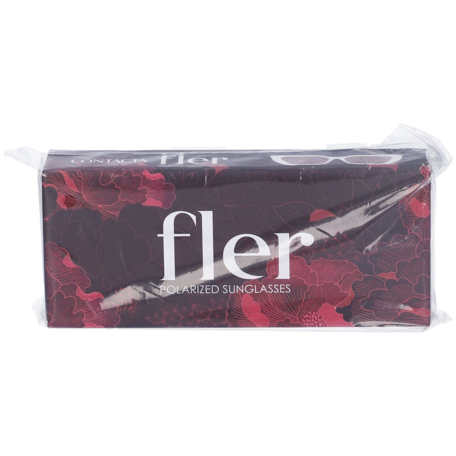 Confezione con motivo floreale e scritta "fler POLARIZED SUNGLASSES". Confezionato in plastica.