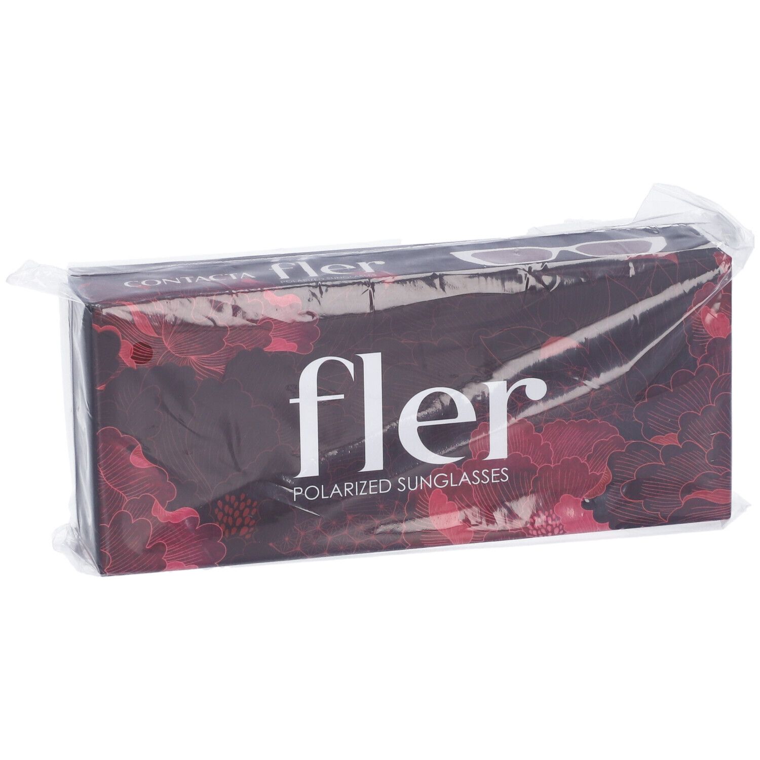 Confezione con motivo floreale e scritta "fler POLARIZED SUNGLASSES". Confezionato in plastica.