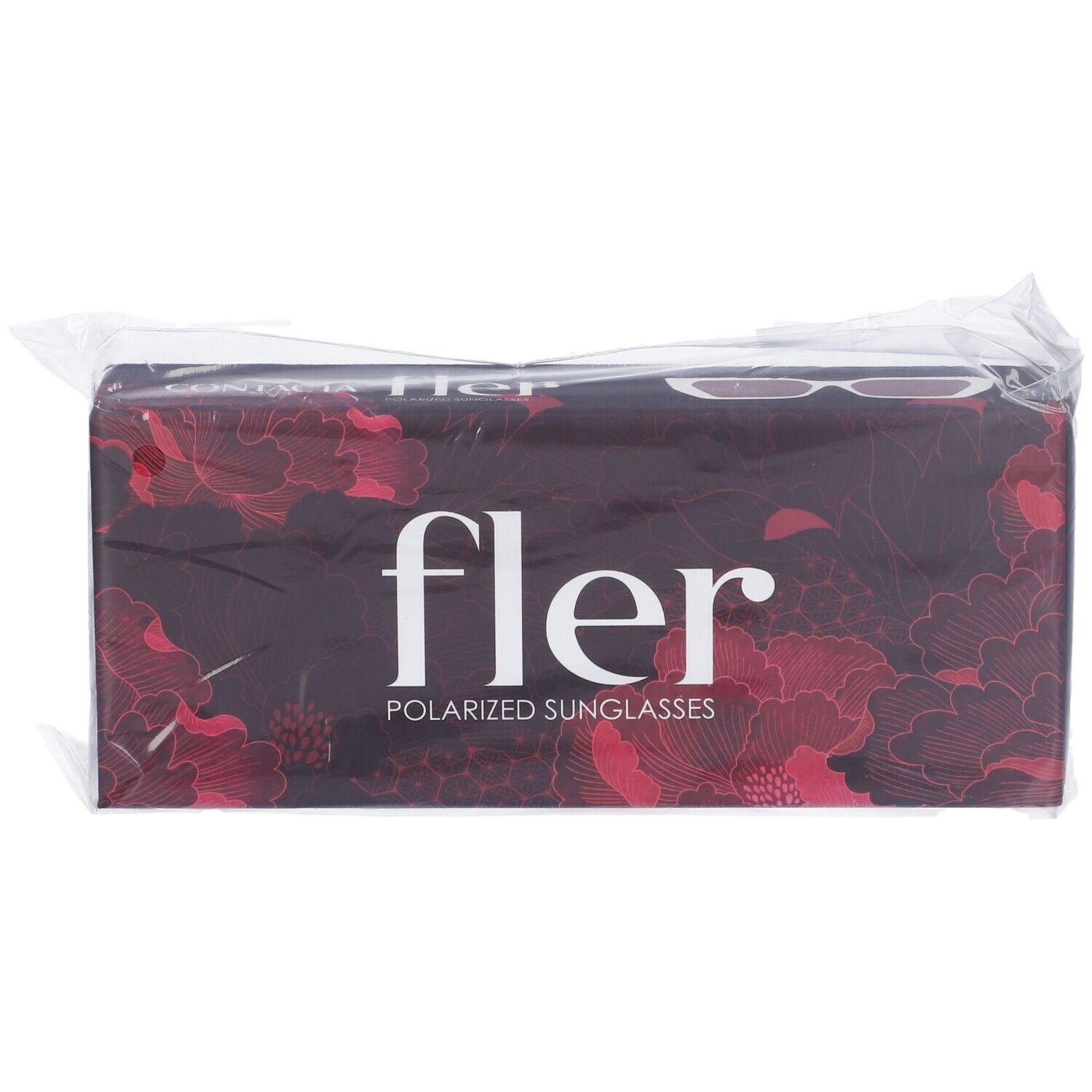 Confezione con motivo floreale e scritta "fler POLARIZED SUNGLASSES". Confezionato in plastica.