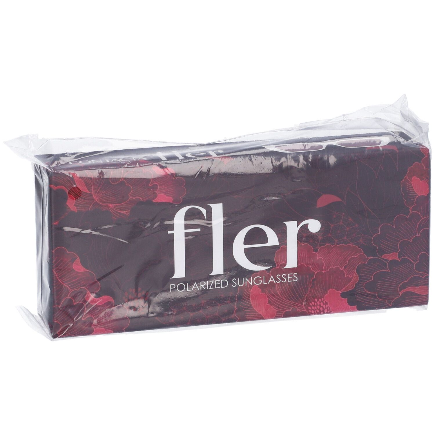 Confezione con motivo floreale e scritta "fler POLARIZED SUNGLASSES". Confezionato in plastica.