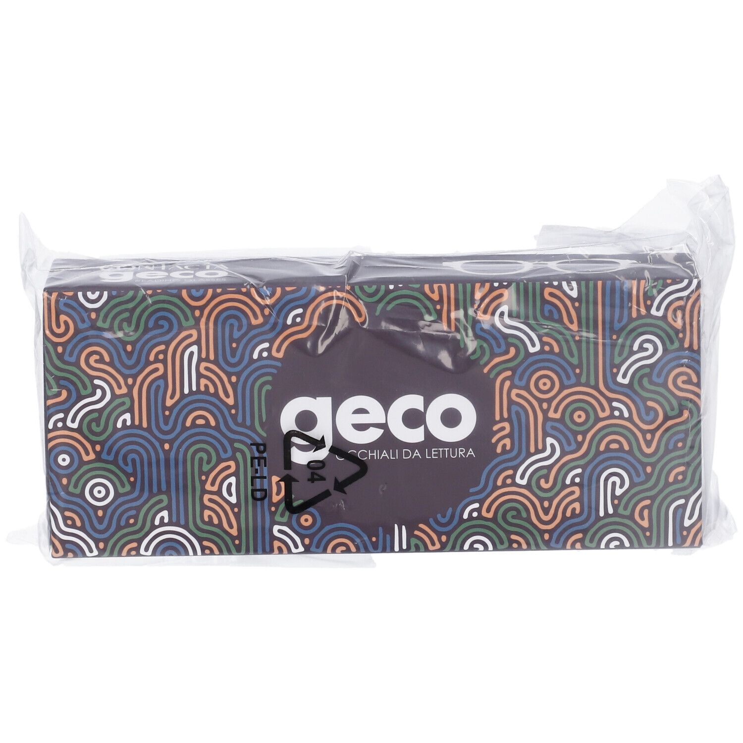 Confezione di lenti a contatto. Logo Geco e scritta. Confezionato in plastica. Design a linee colorate.