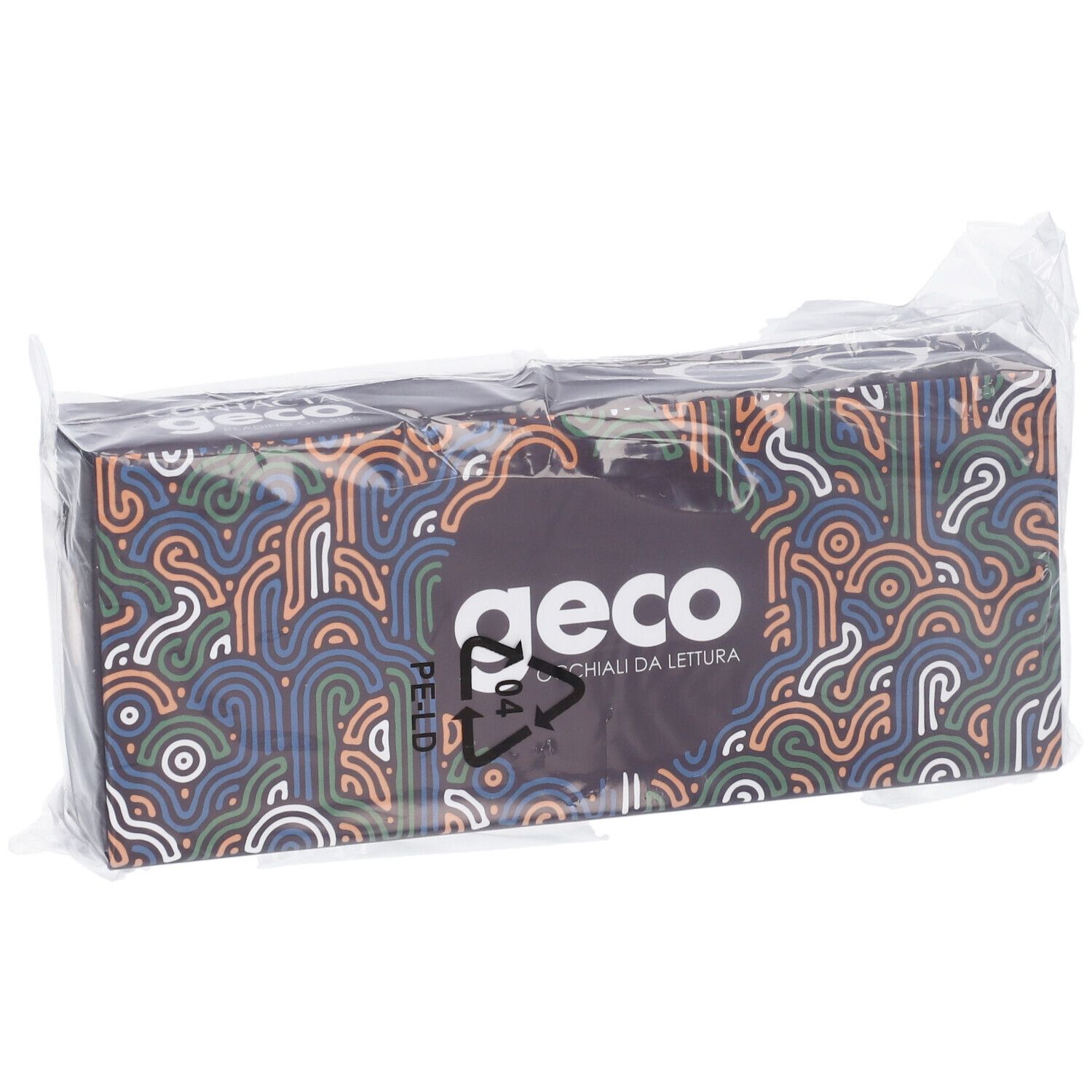 Confezione di lenti a contatto. Logo Geco e scritta. Confezionato in plastica. Design a linee colorate.